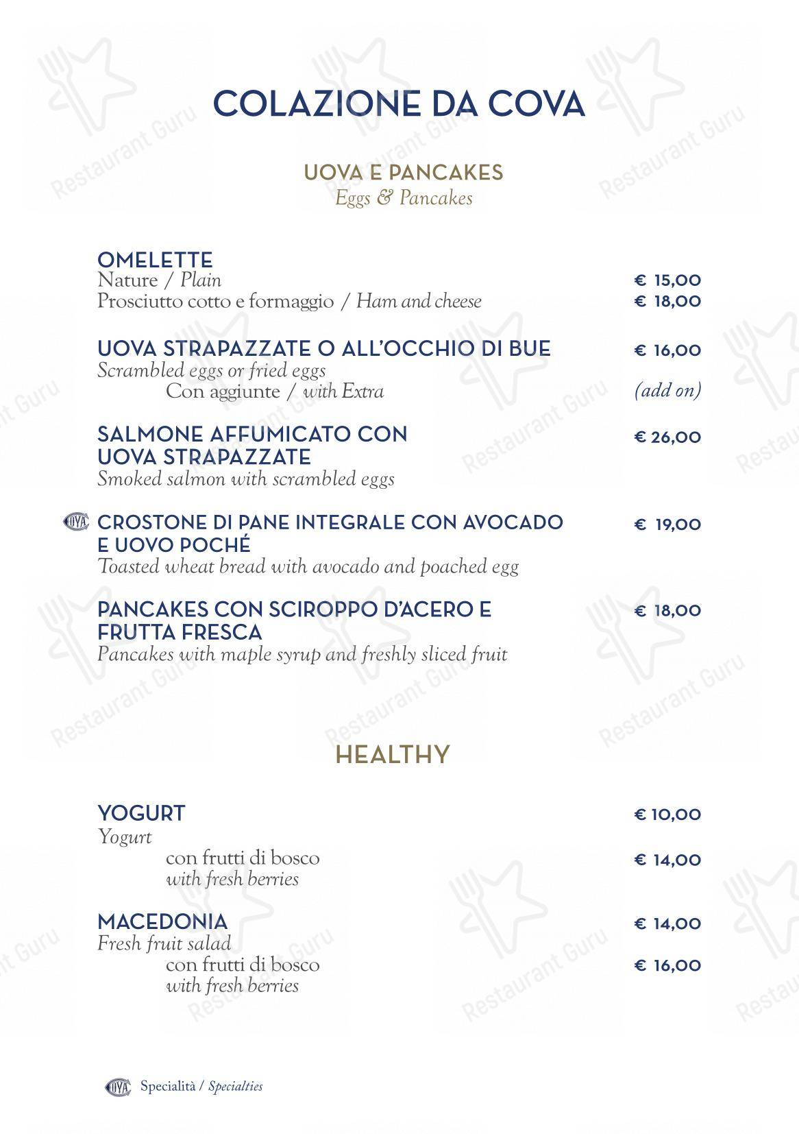Menu di Cova Montenapoleone - Menu