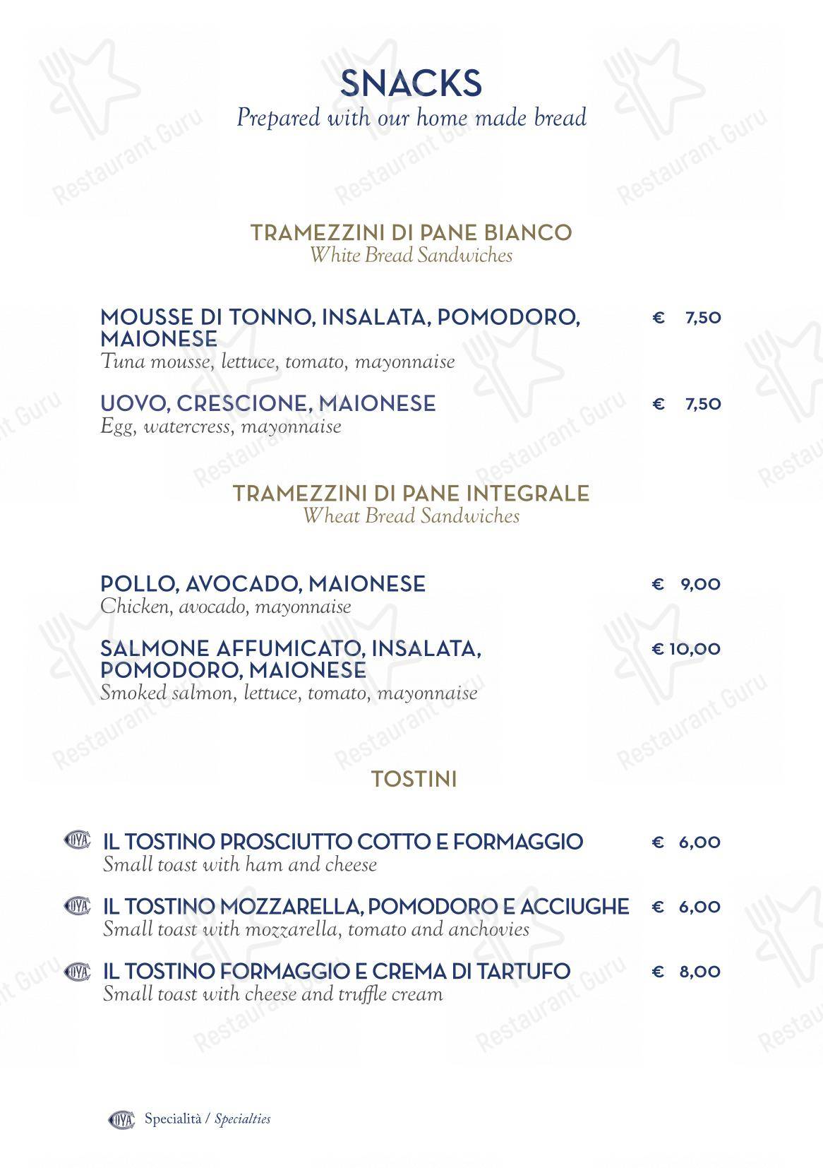 Menu per Cova Montenapoleone in Milano