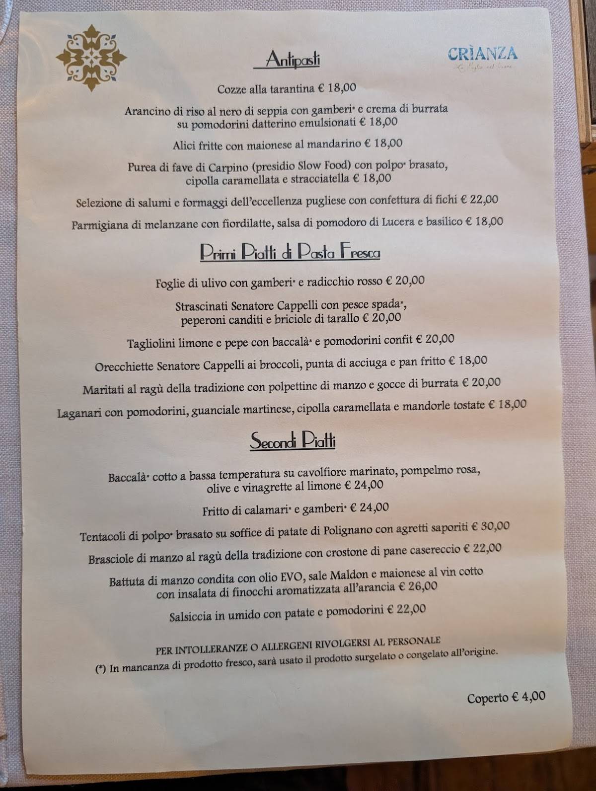 Menu di Ristorante Crìanza Cucina Pugliese 