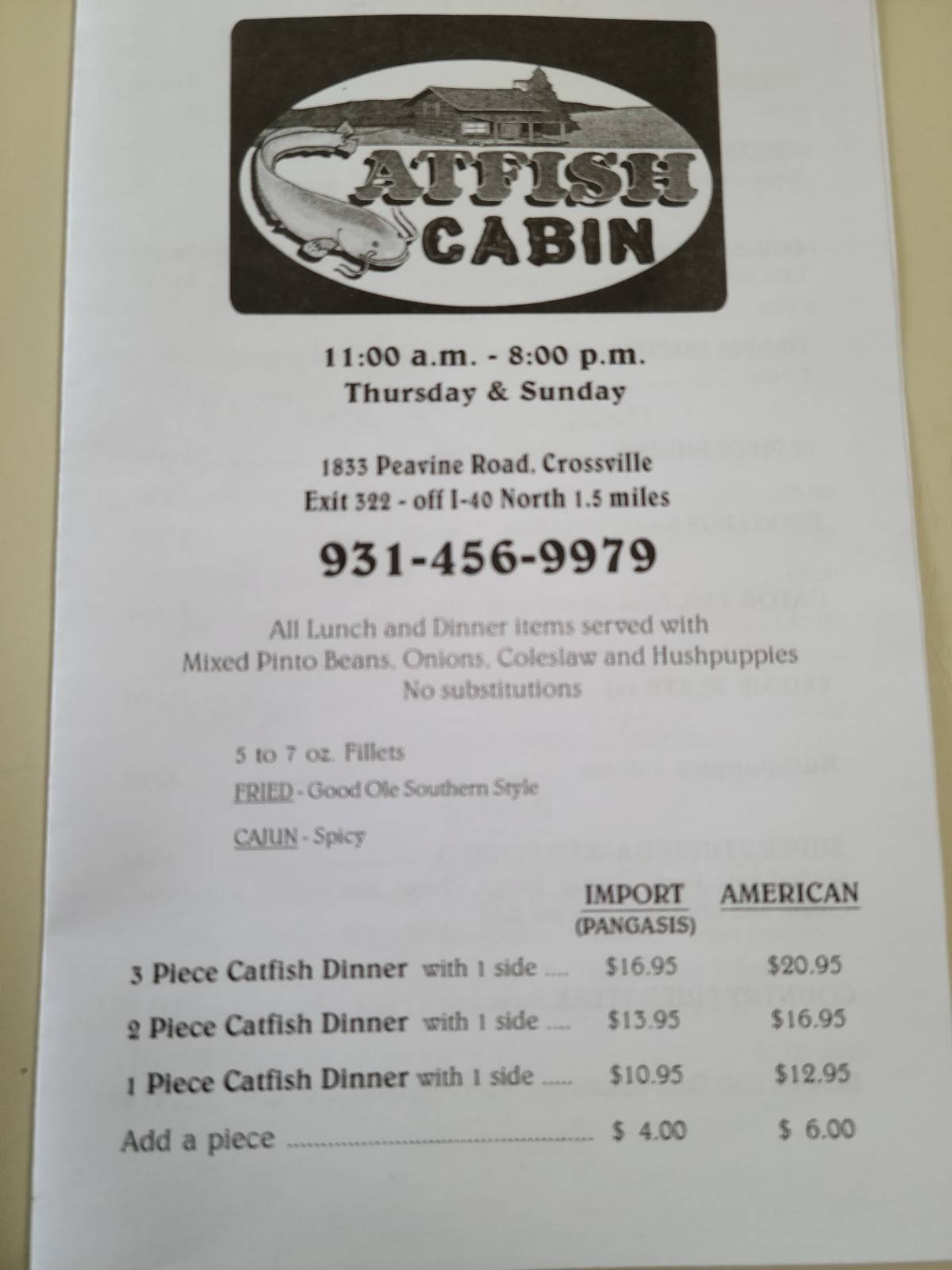Menu at Catfish Cabin restaurant, Crossville, Peavine Rd
