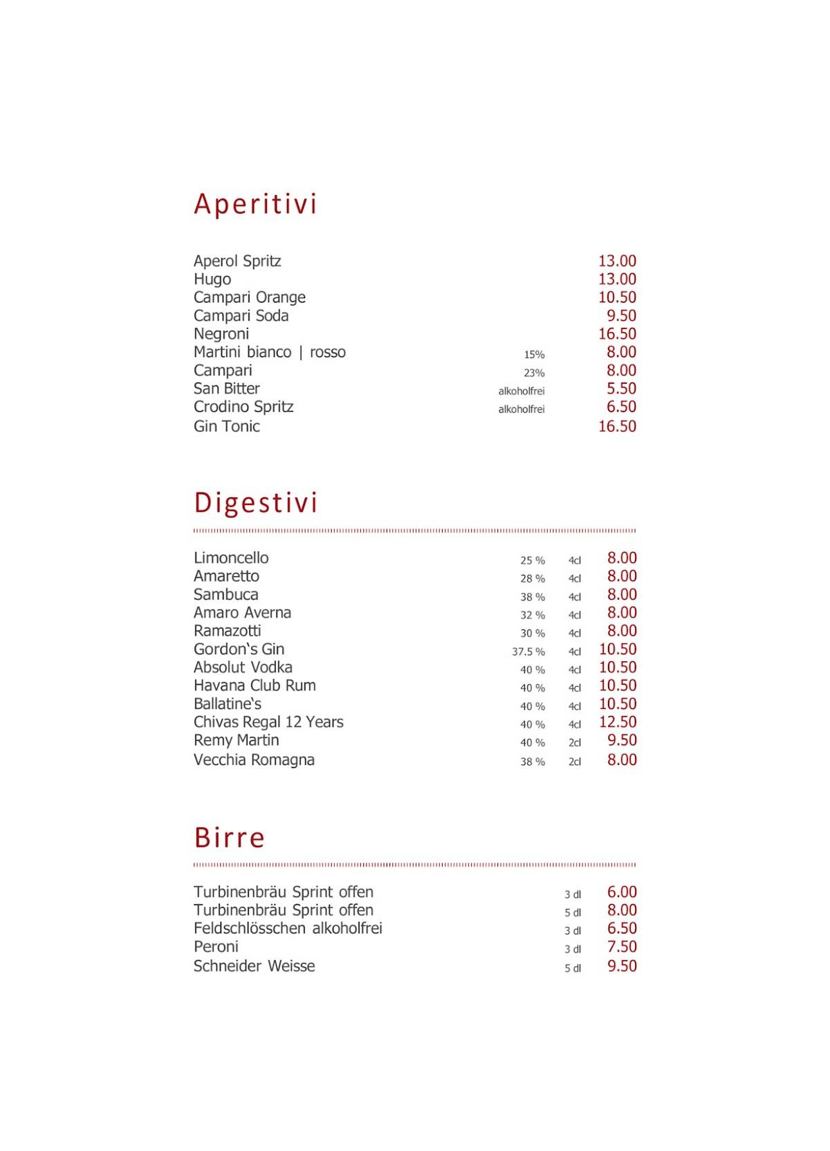 Menu di Cucina Niederdorf 