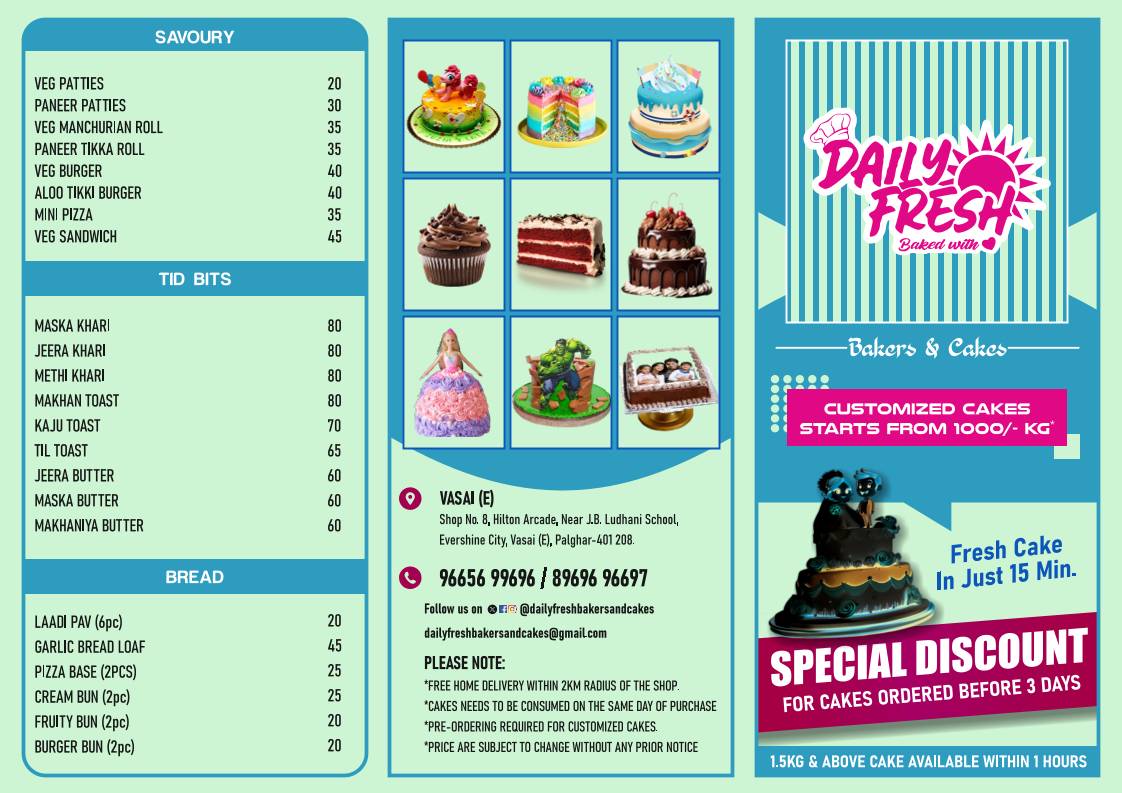 Daily fresh bakers and cakes menu