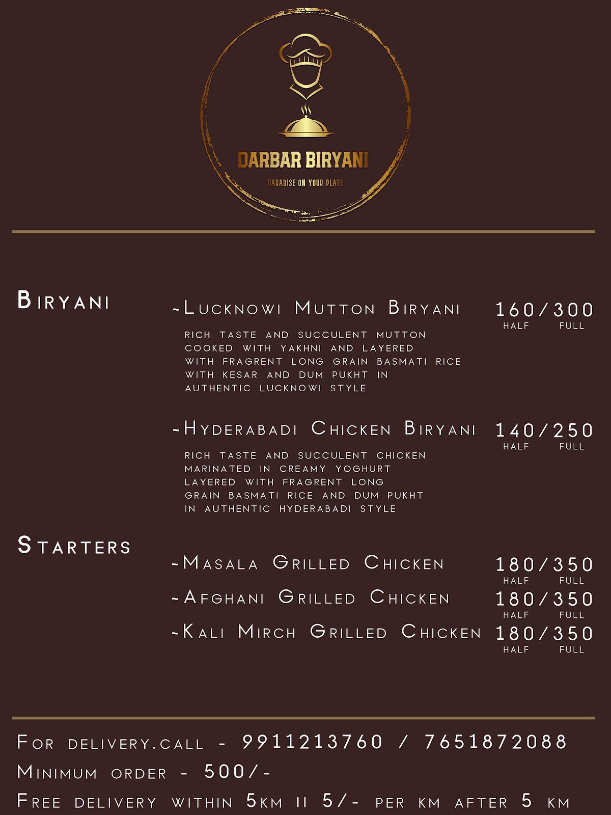 Darbar Biryani menu