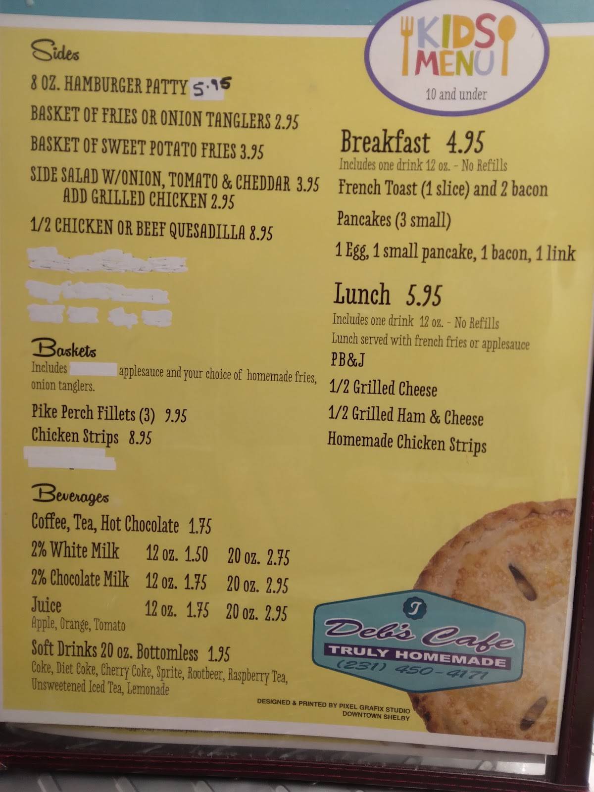 Menu at Deb's Cafe, Shelby