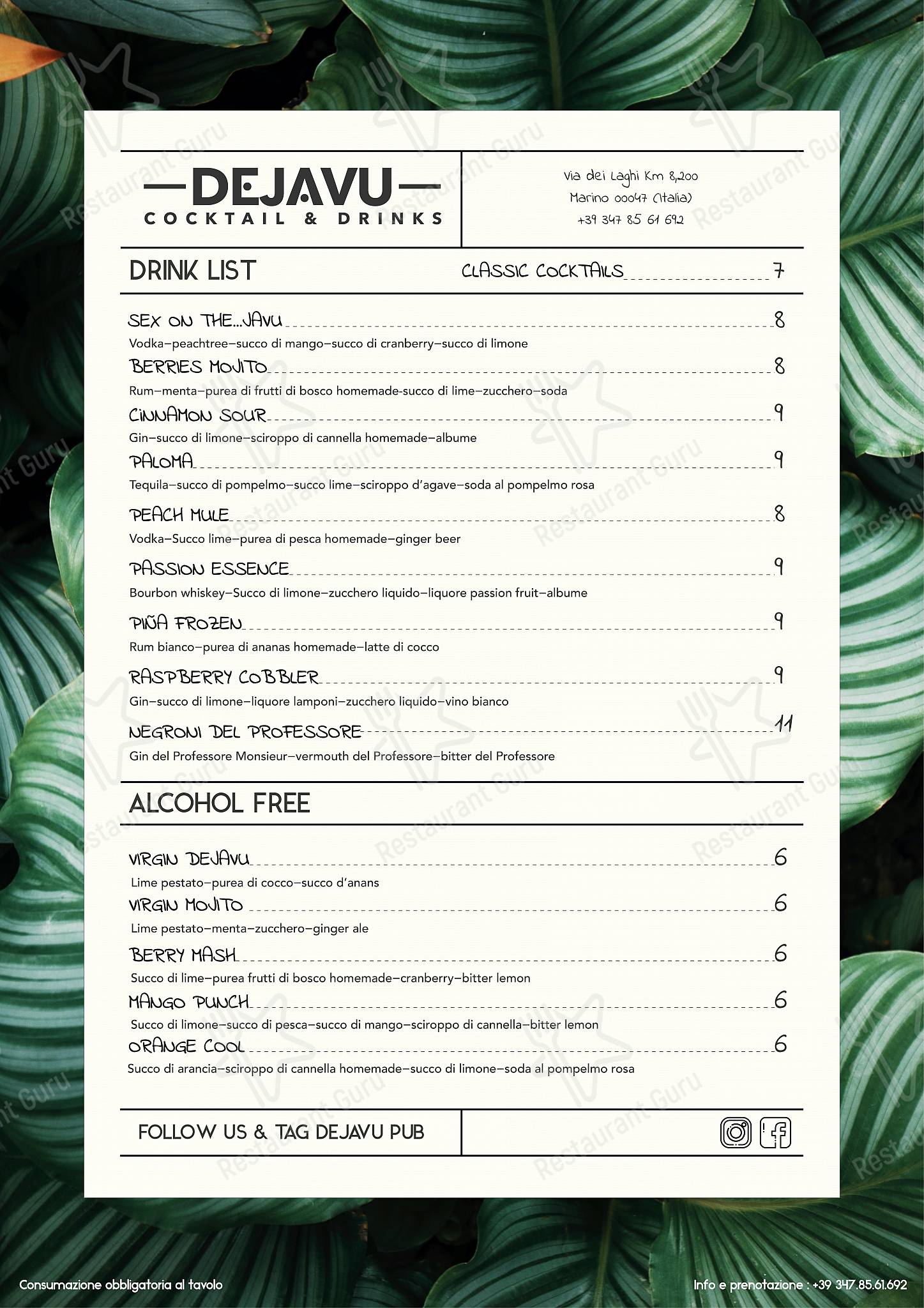 菜单 per Dejavù in Marino