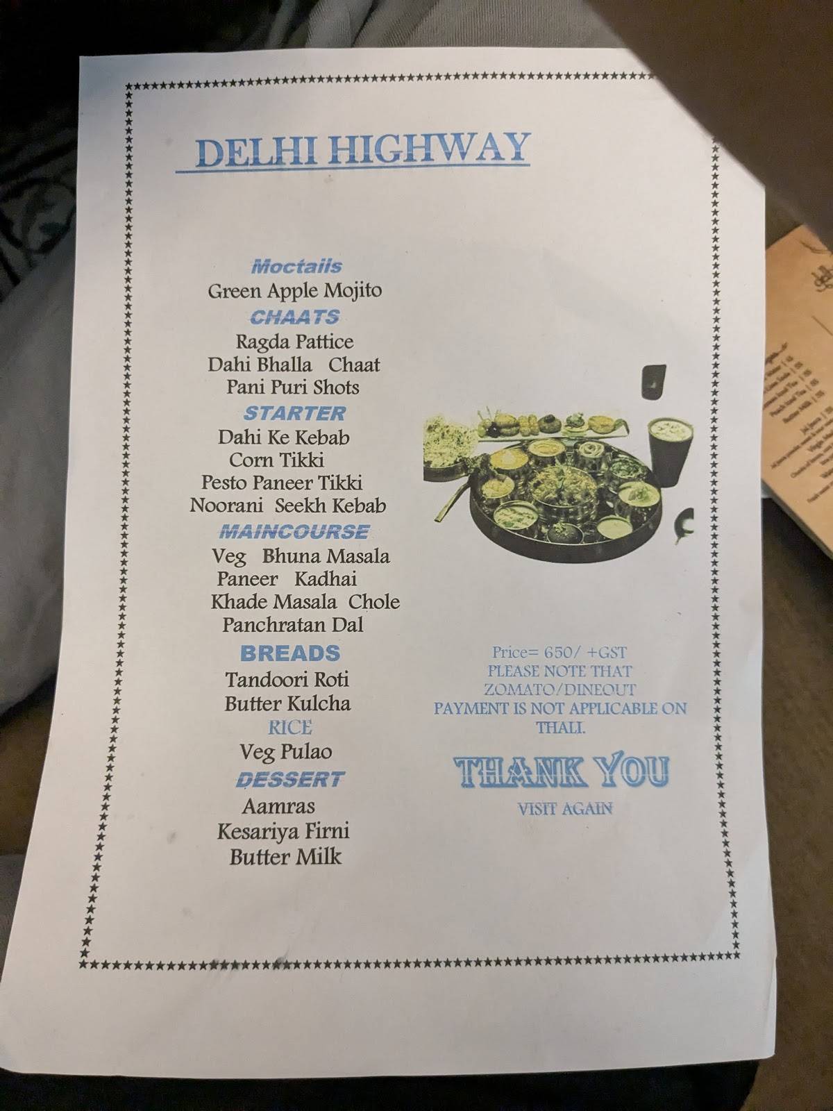 Delhi highway menu