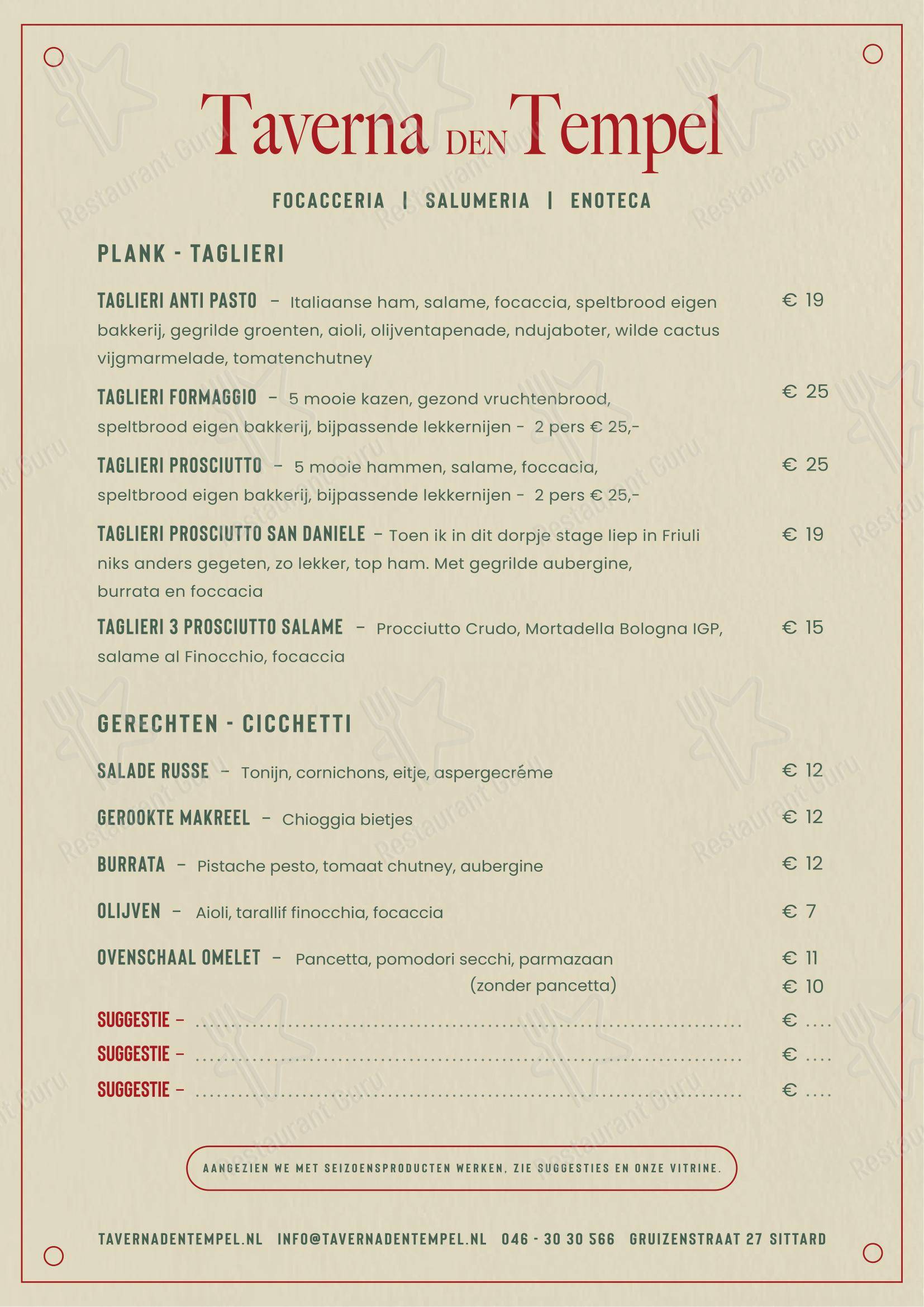 Menu pour Den Tempel dans Sittard