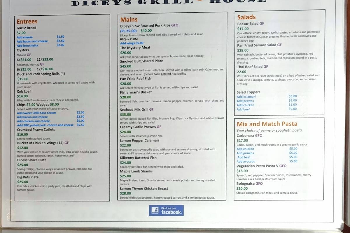 Menu at Dicey's Bar And Grill, West Gladstone
