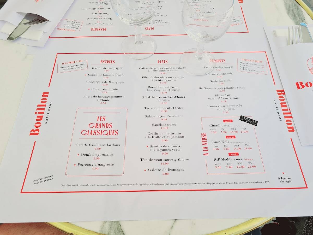 Menu au Bouillon Notre Dame restaurant, Dijon