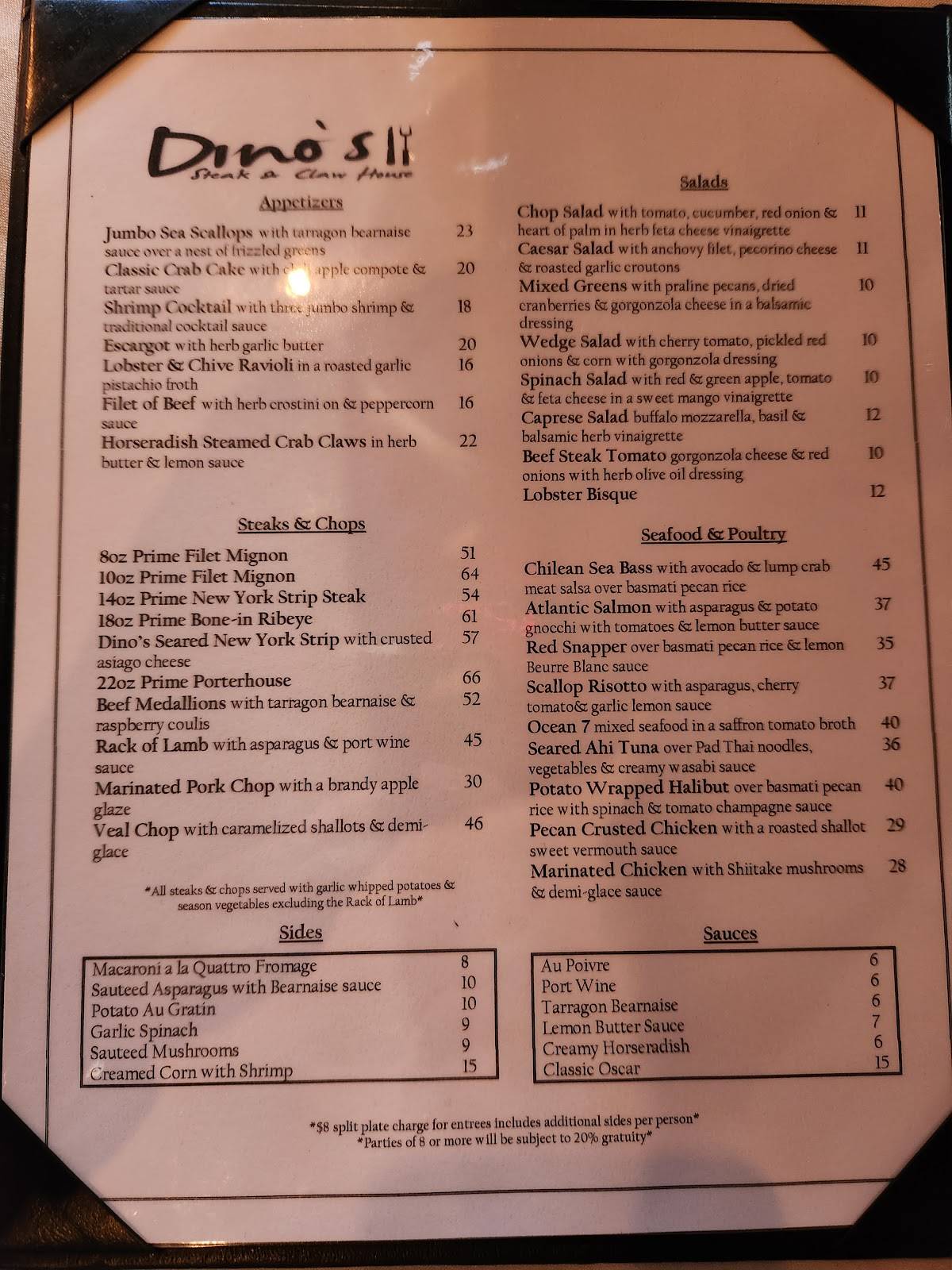 Menu at Dino’s Steak and Claw House steakhouse, Grapevine