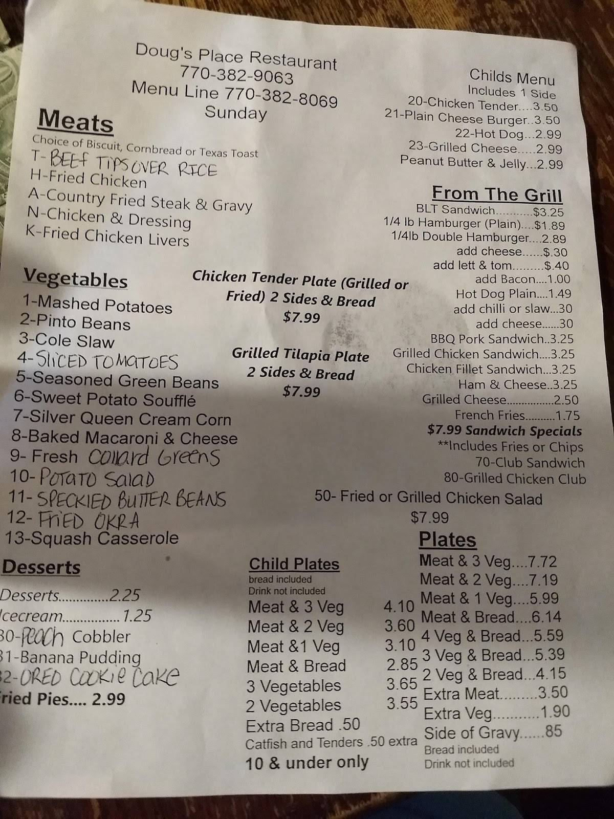 Menu at Doug's Place restaurant, Emerson, 696 GA-293