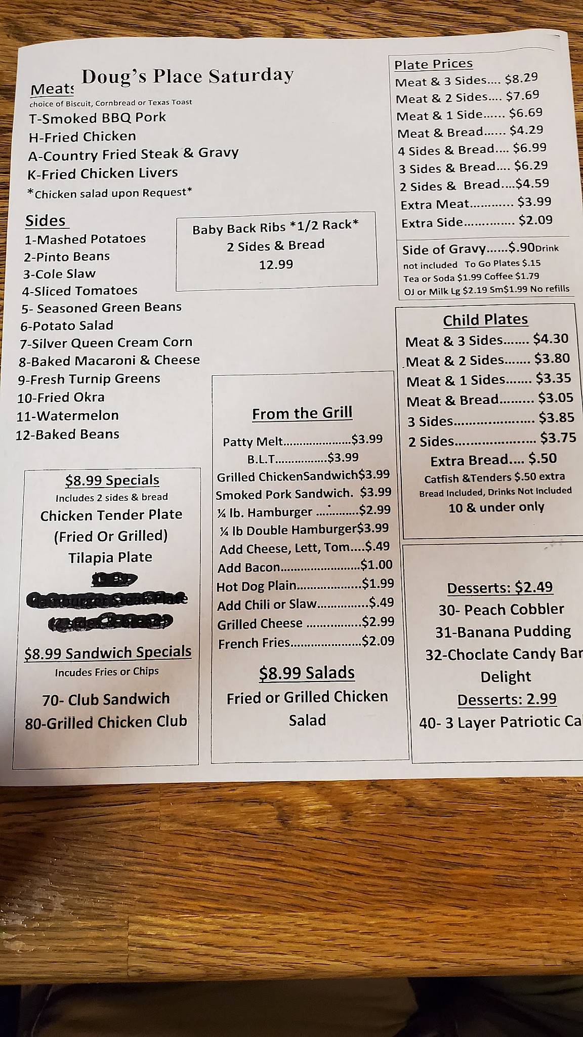 Menu at Doug's Place restaurant, Emerson, 696 GA293
