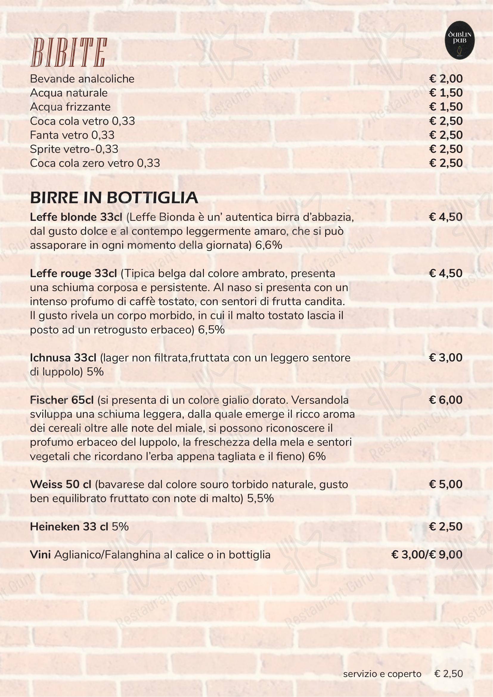 Menu per Dublin Pub ristorante