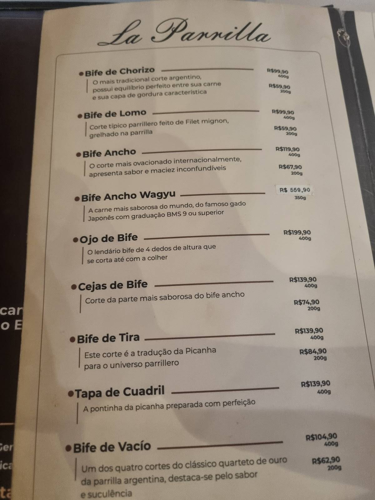 El Argentino Oeste cardápio