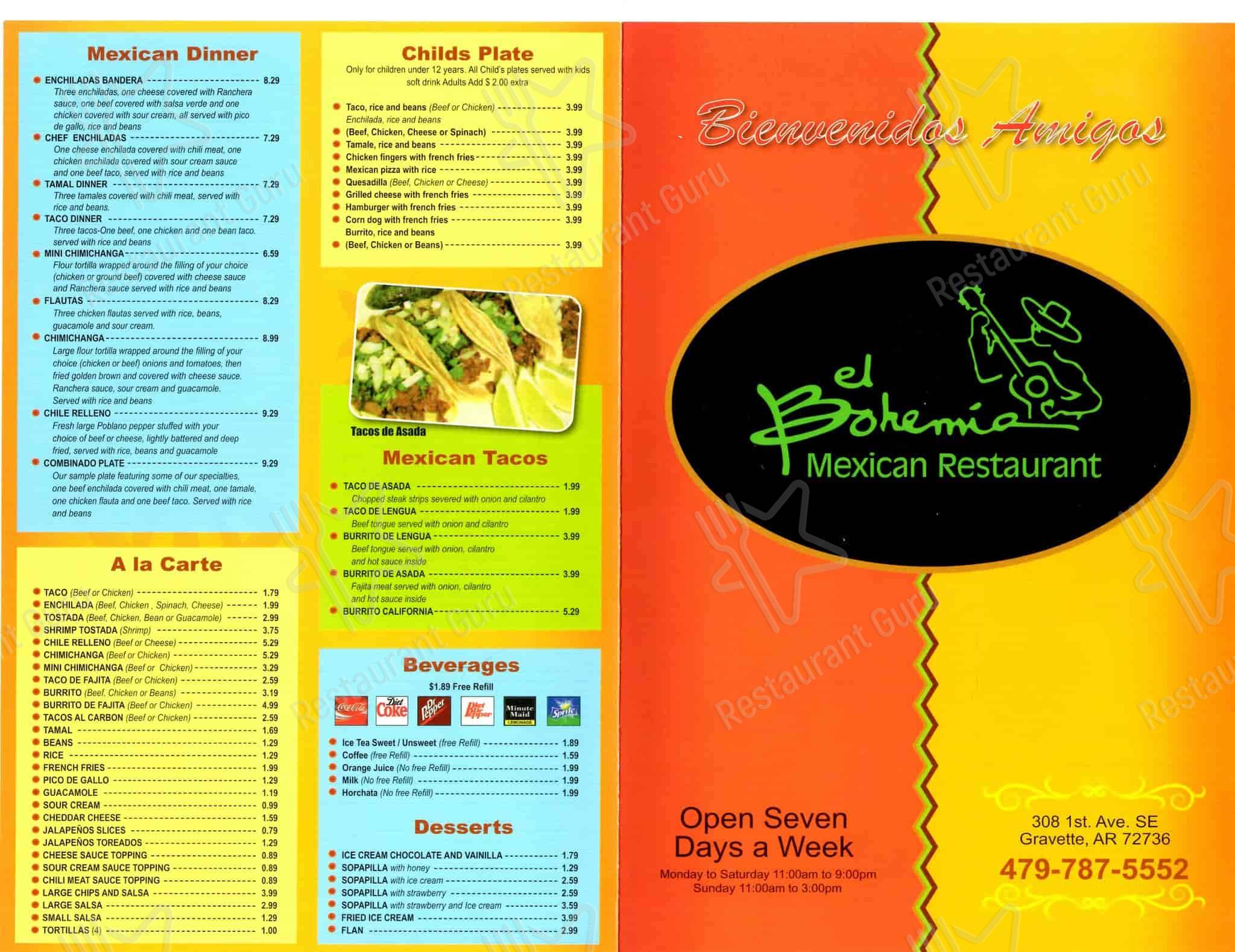 Menu at El Bohemio Mexican Restaurant, Gravette, 308 1st Ave SE