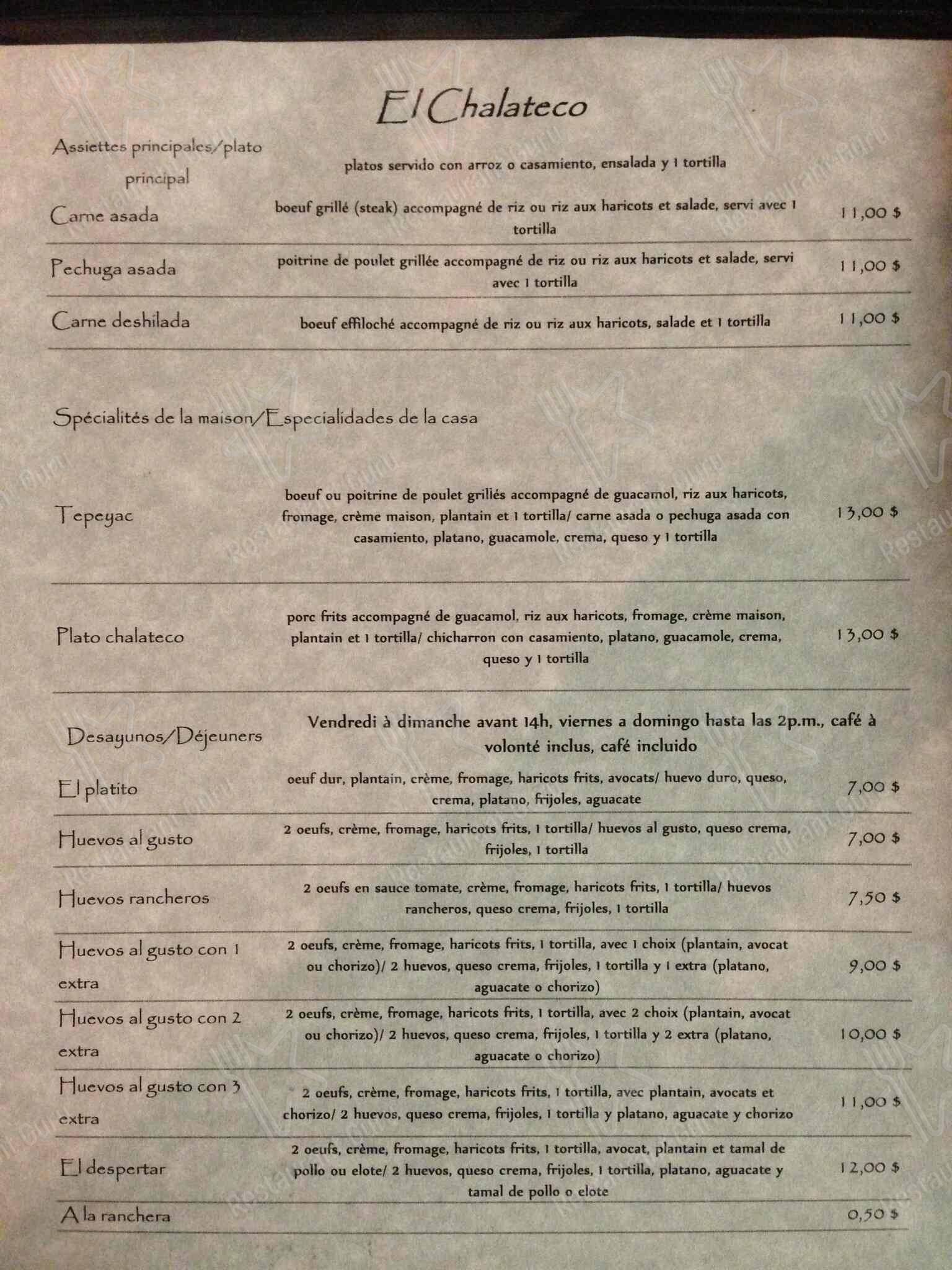 Menu de Restaurant El Chalateco