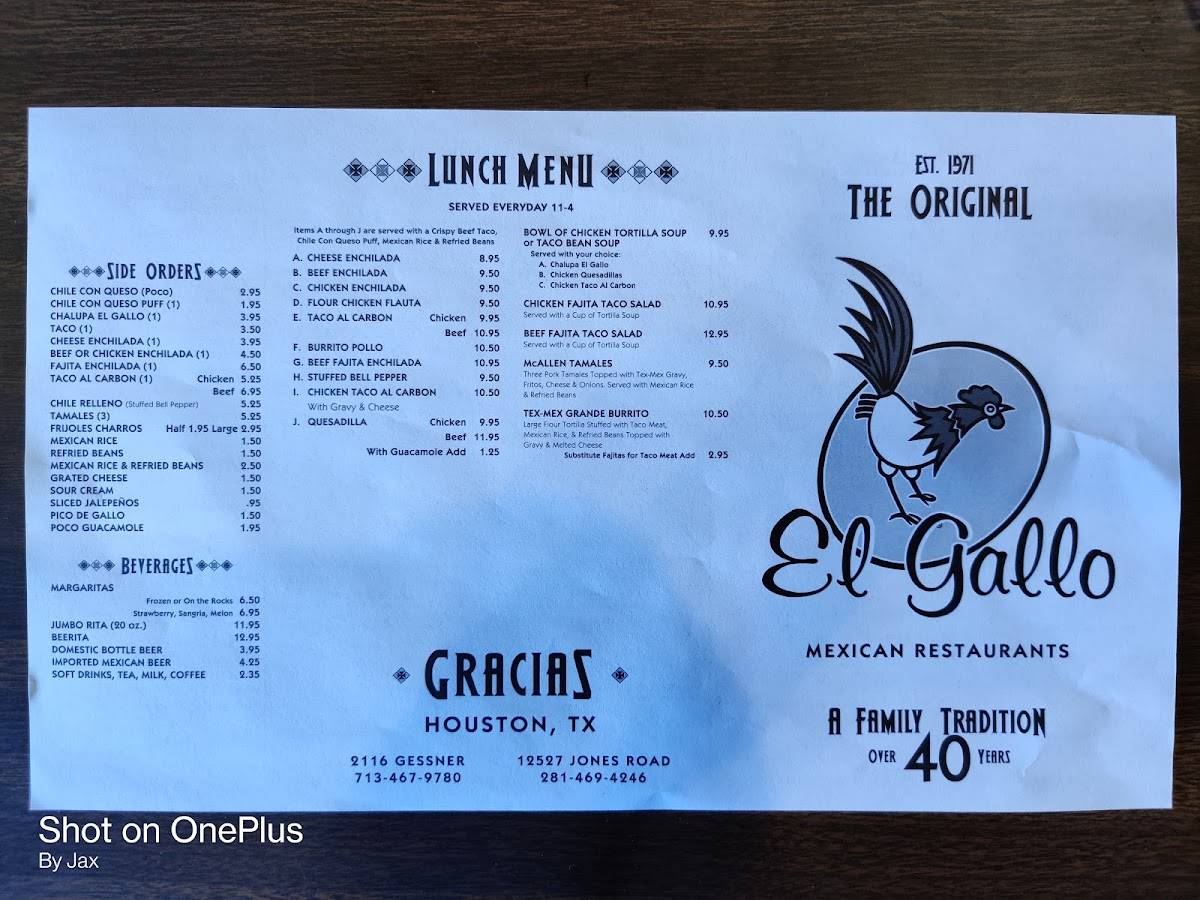 Menu at El Gallo restaurant, Houston, Gessner Rd