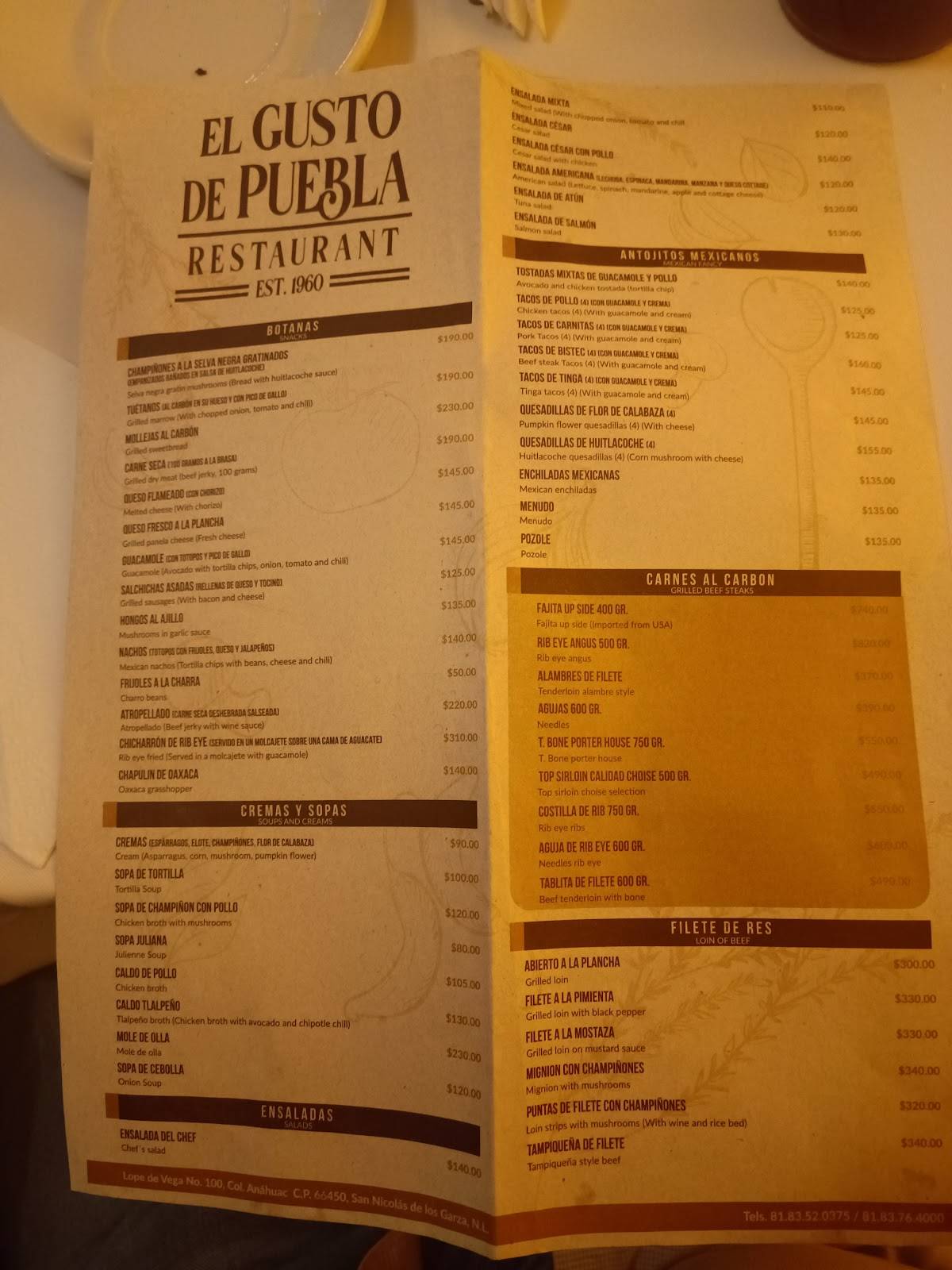 Carta del restaurante El Gusto del Puebla, San Nicolás del los Garza