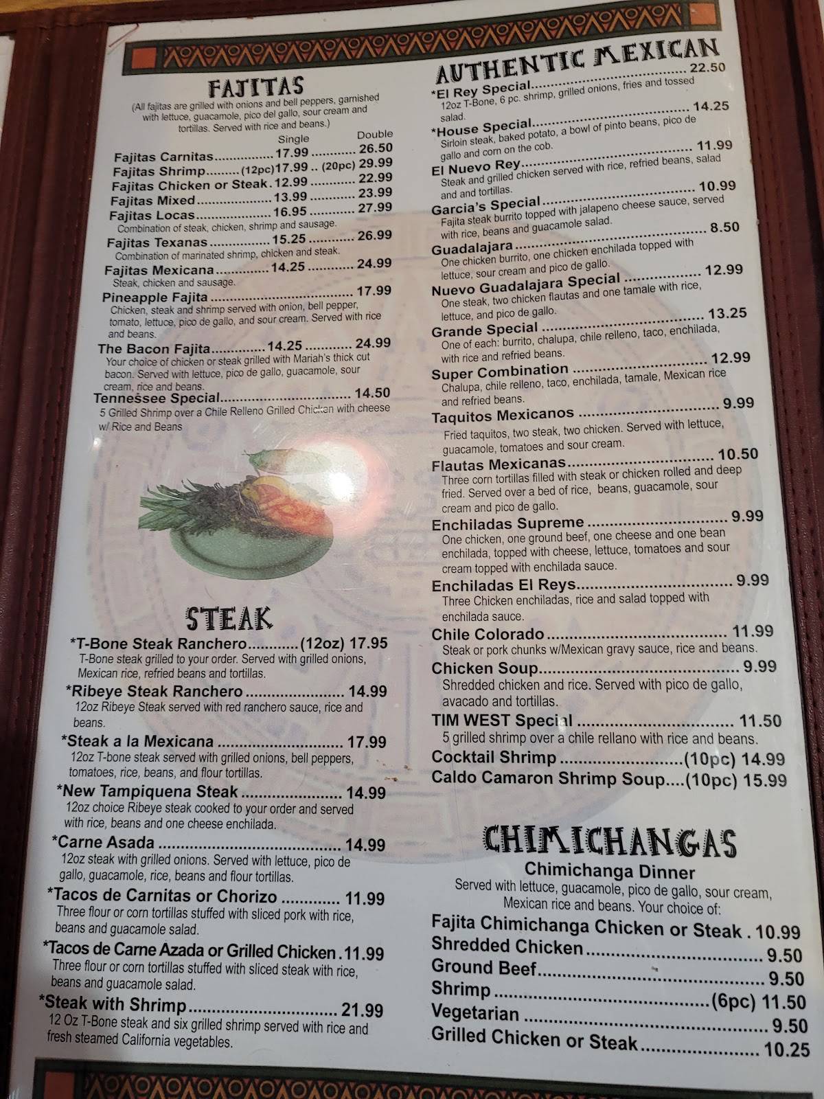Menu at El Rey Azteca restaurant, Caryville