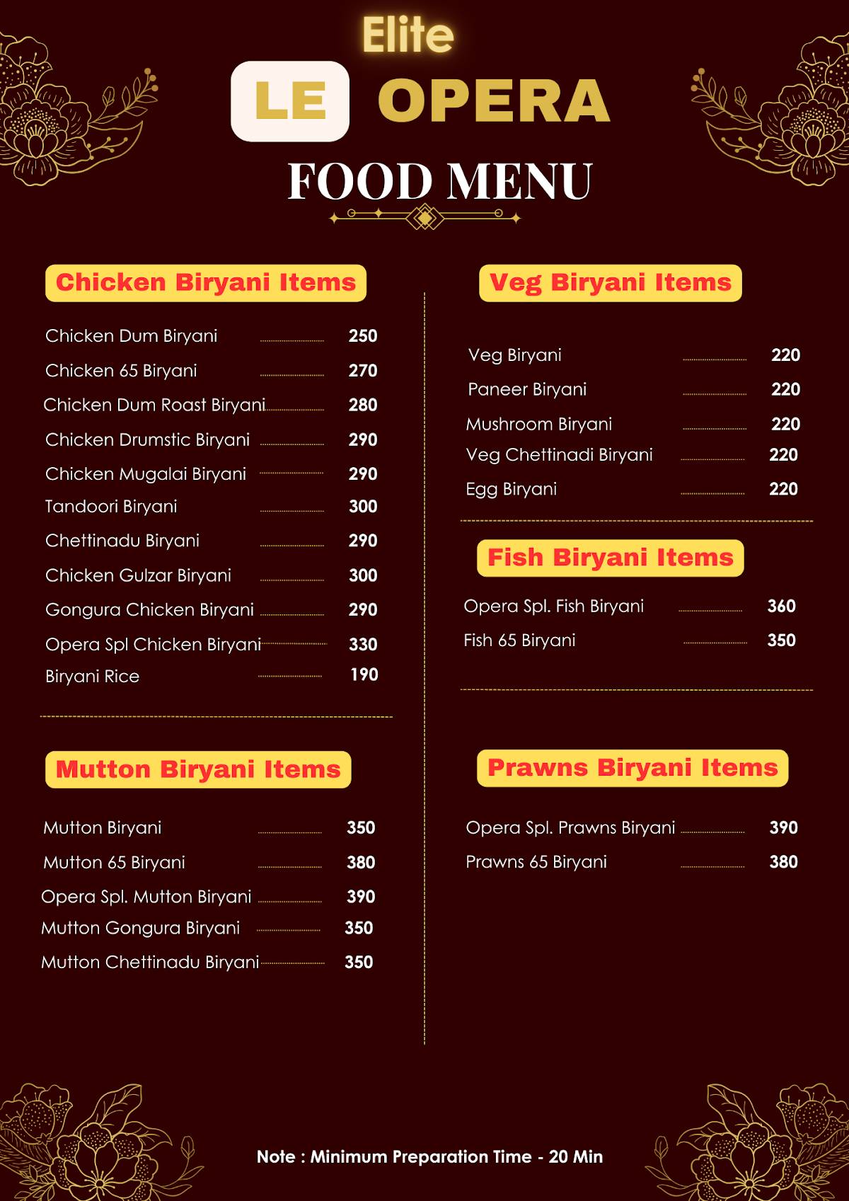Elite Le Opera Multi Cuisine Restaurant menu