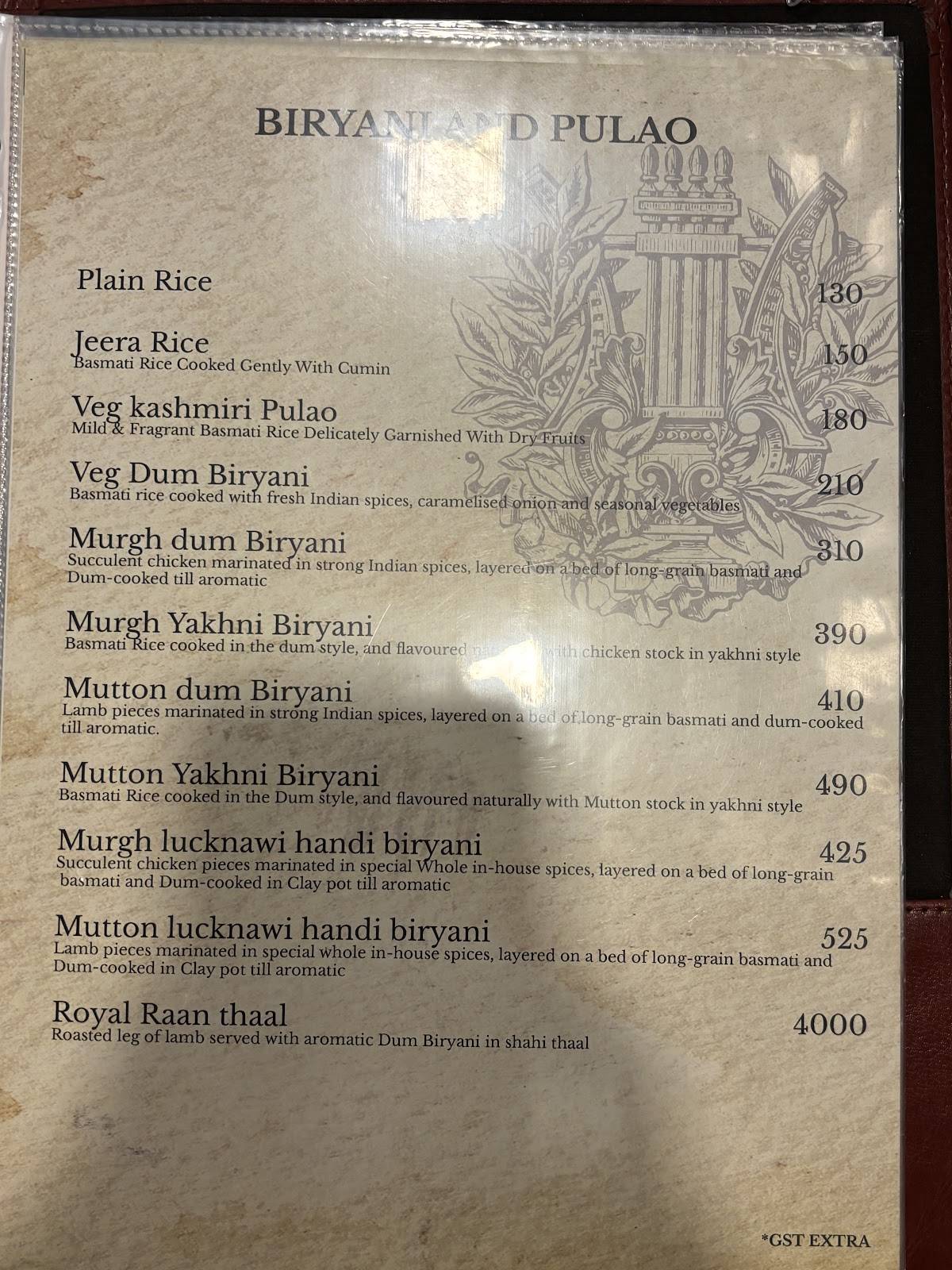 Empire Fine Dine Restaurant menu