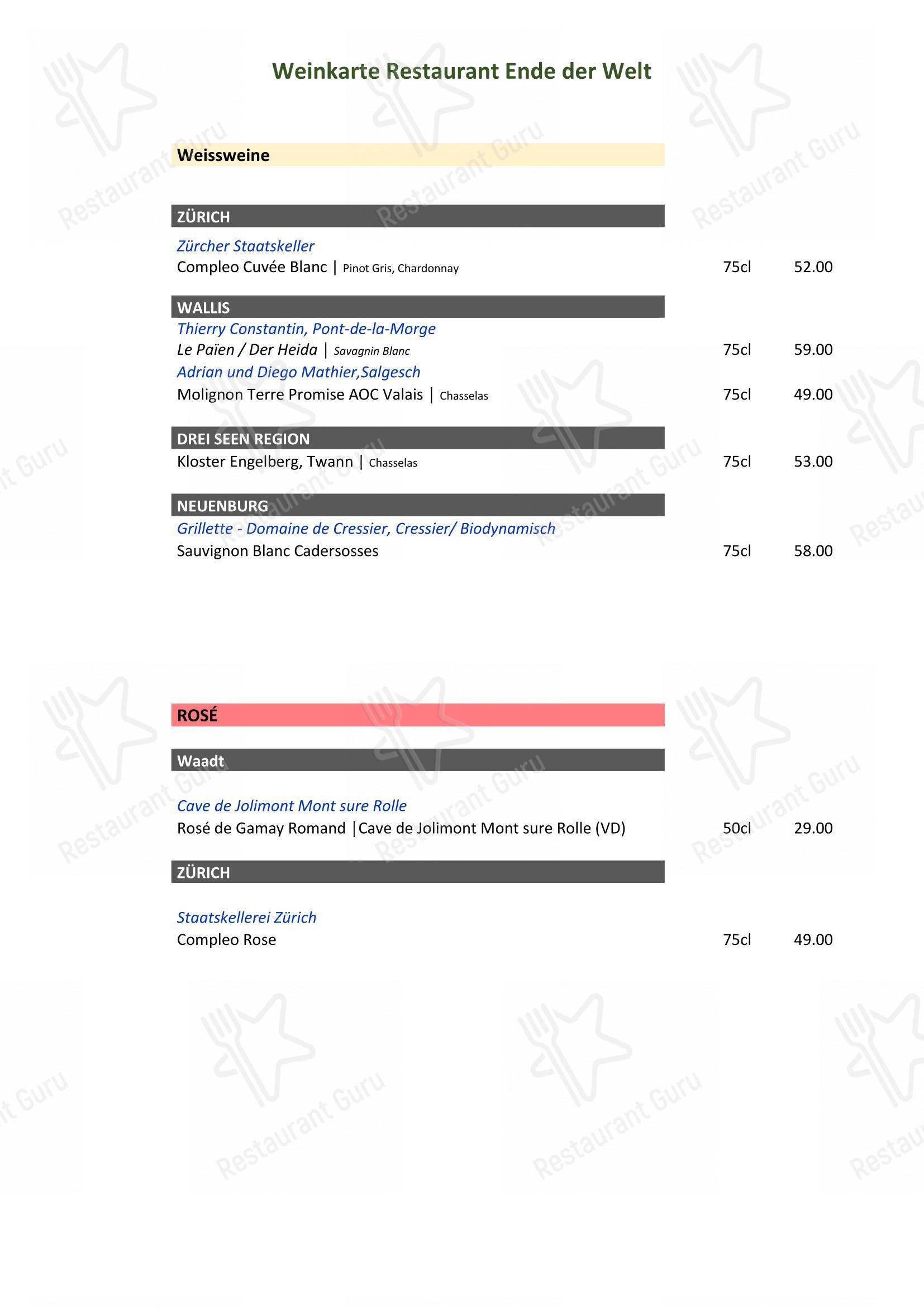 Takeaway Menu per Restaurant Ende der Welt in Engelberg