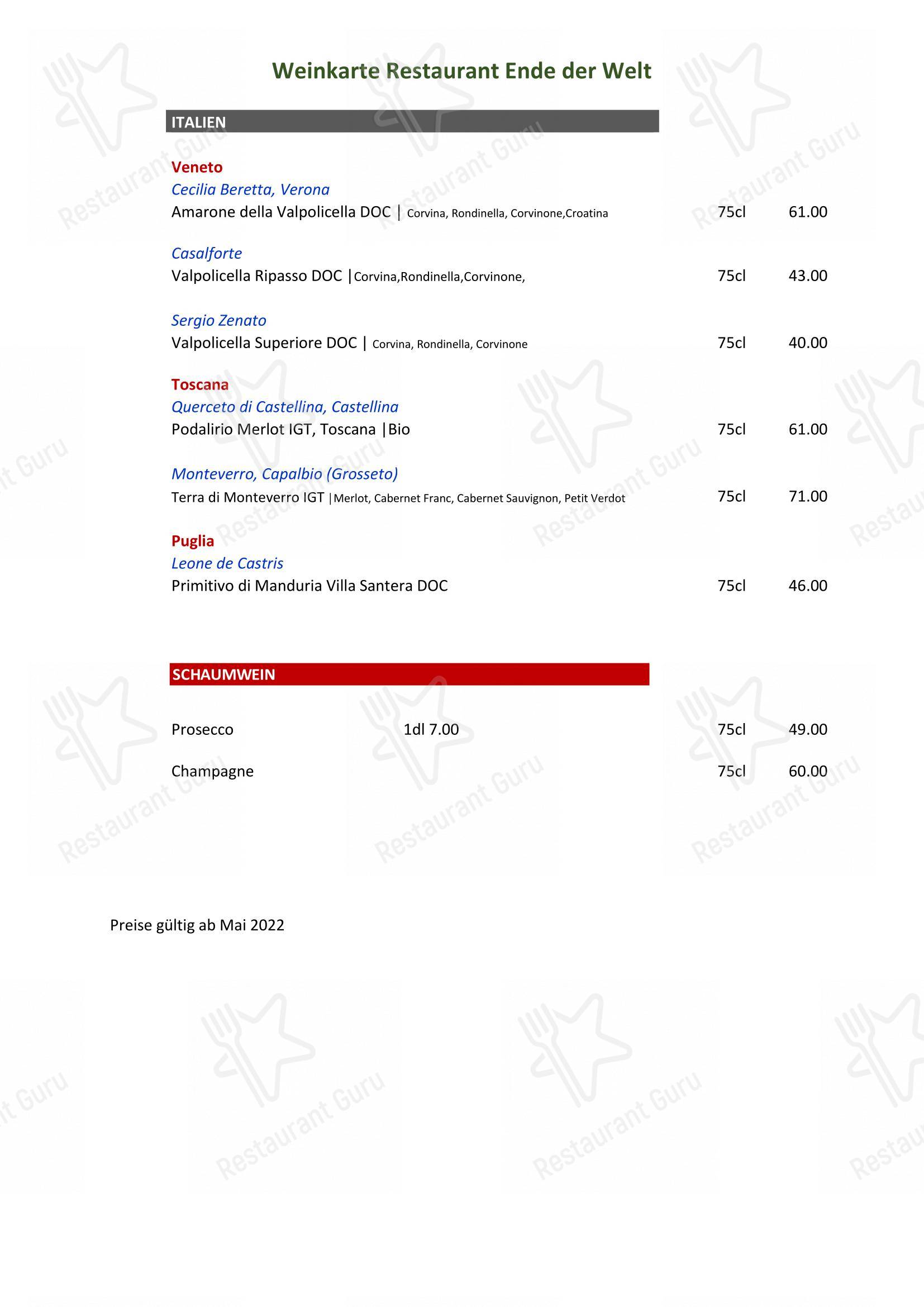 Lunch Menu per Restaurant Ende der Welt ristorante