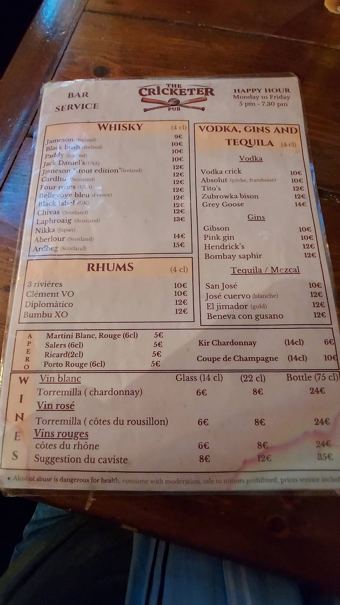 Menu de The Cricketer