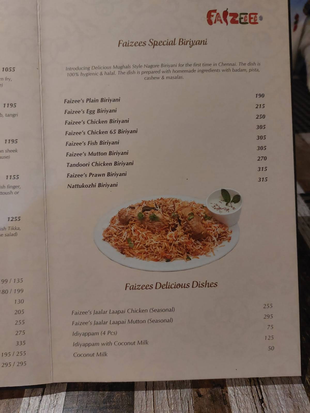 Faizee Traditional Dining menu