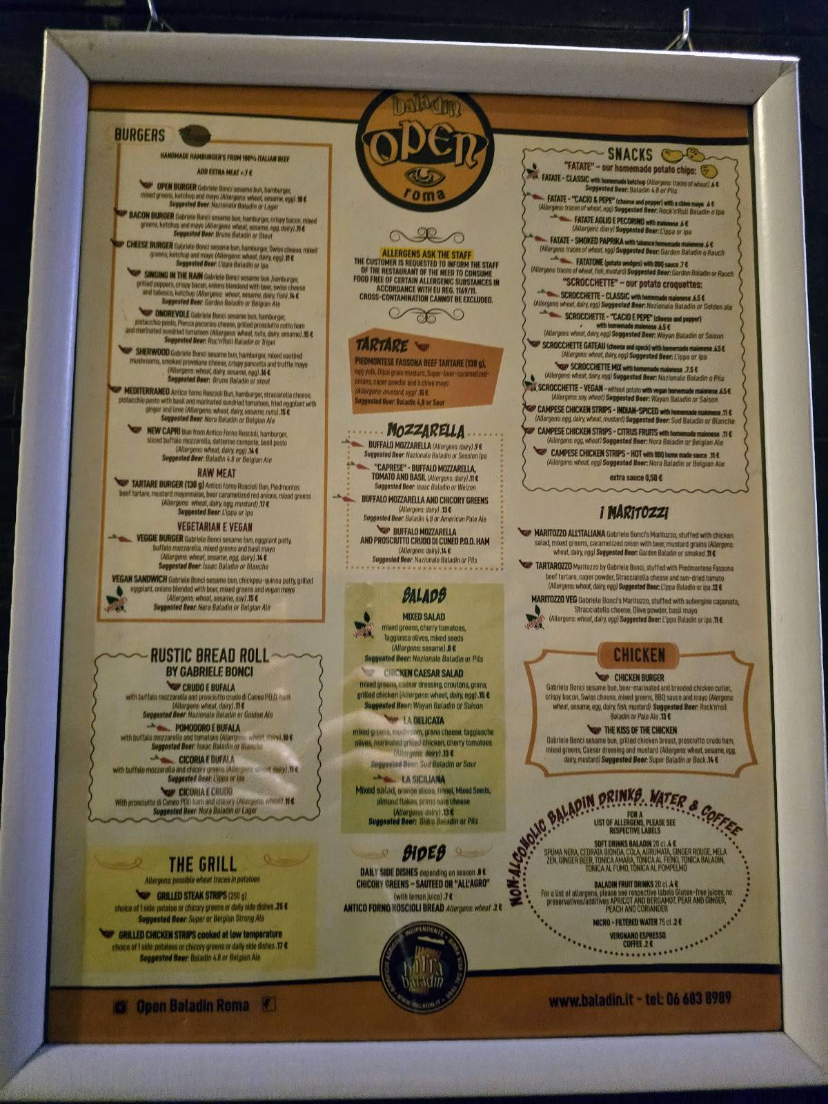 Menu di Open Baladin Roma 
