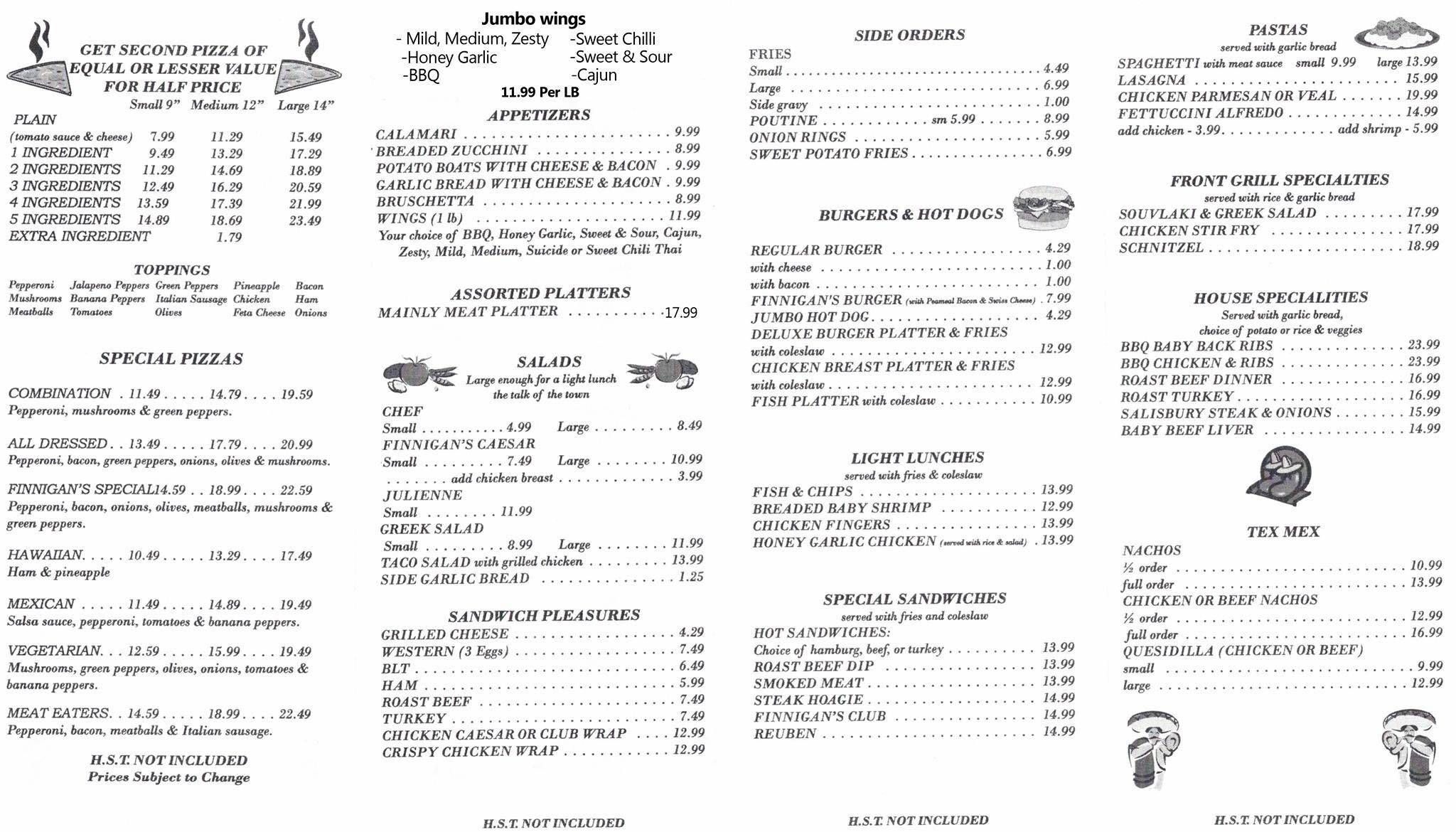 Menu at Finnigan's Road House pizzeria, Pembroke