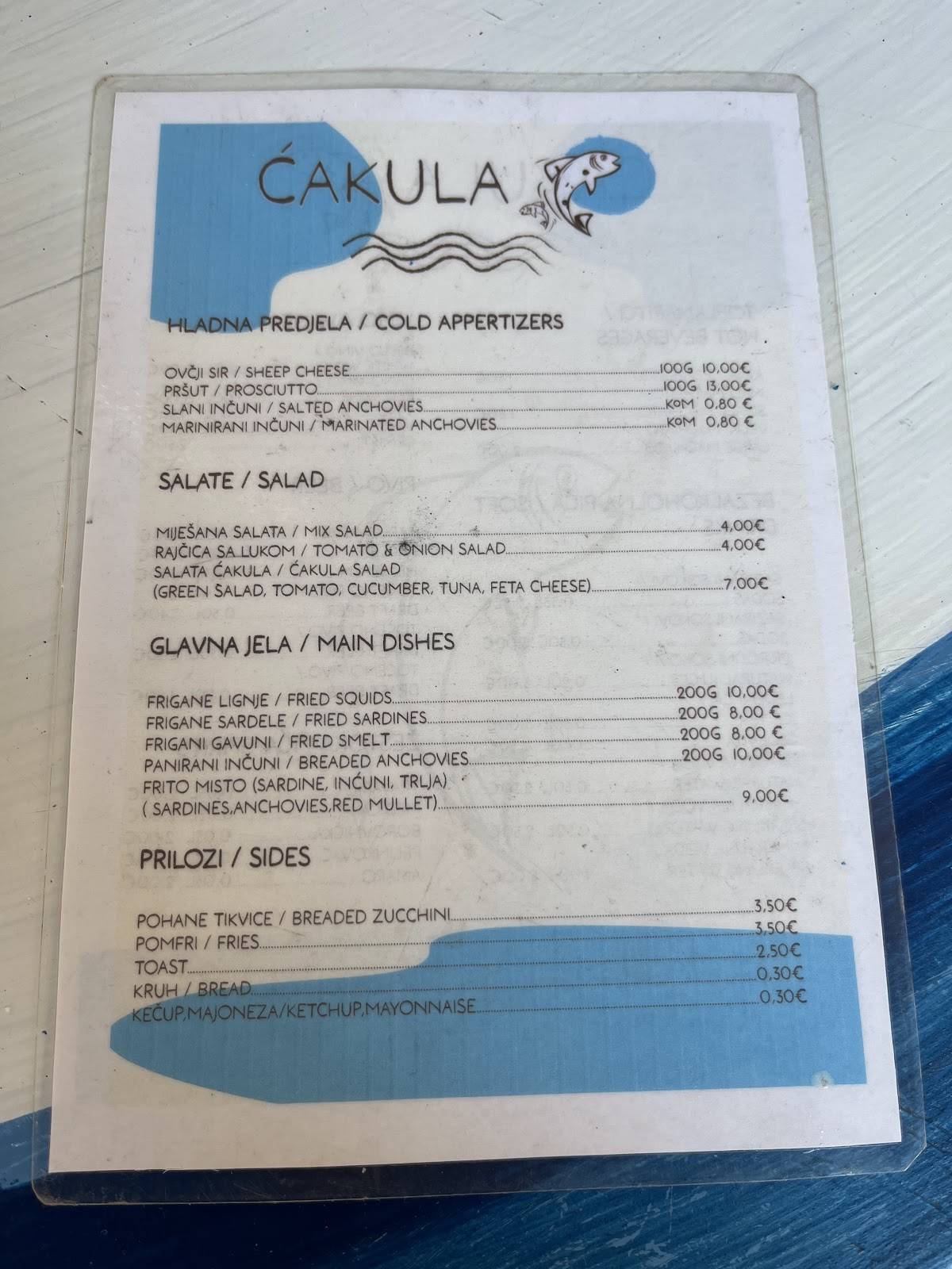 Menu di Fish bar Ćakula 