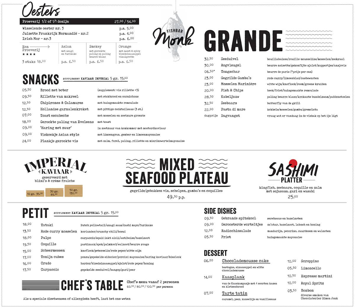 Menu de Fishbar Monk - Visrestaurant Haarlem