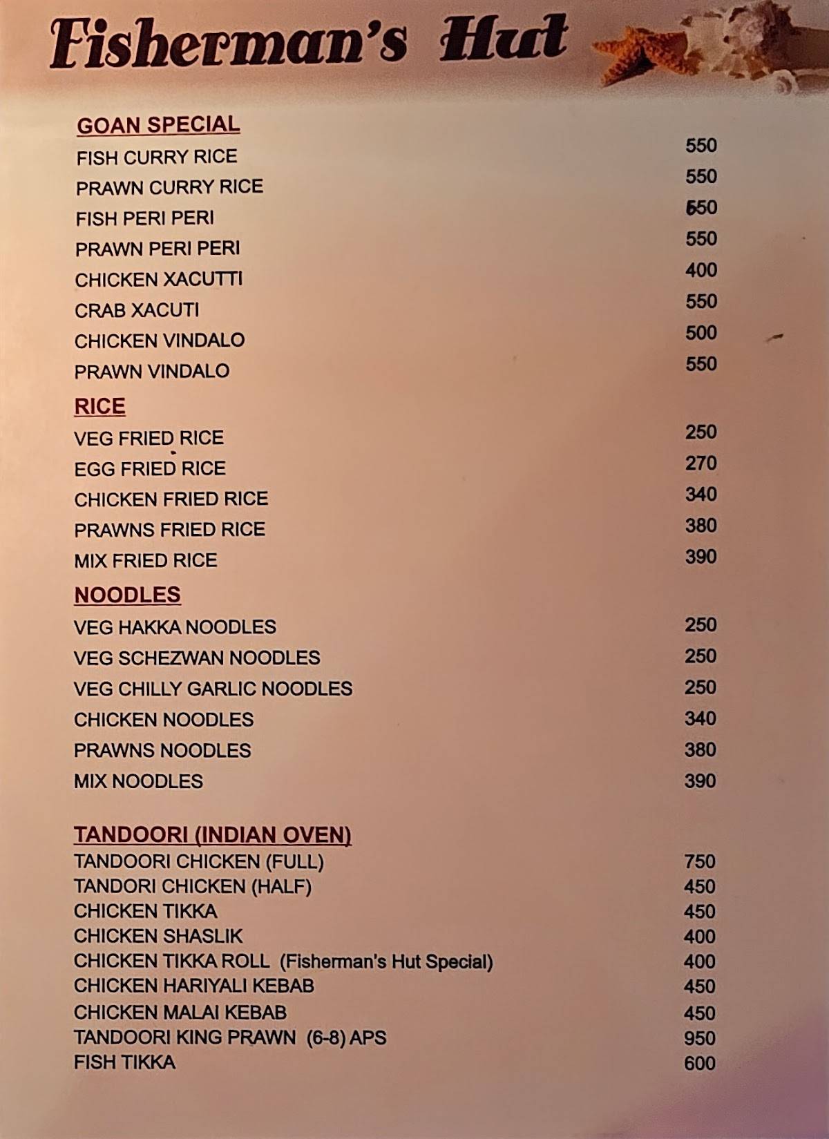 Fisherman's Beach Shack Restaurant Candolim Goa menu