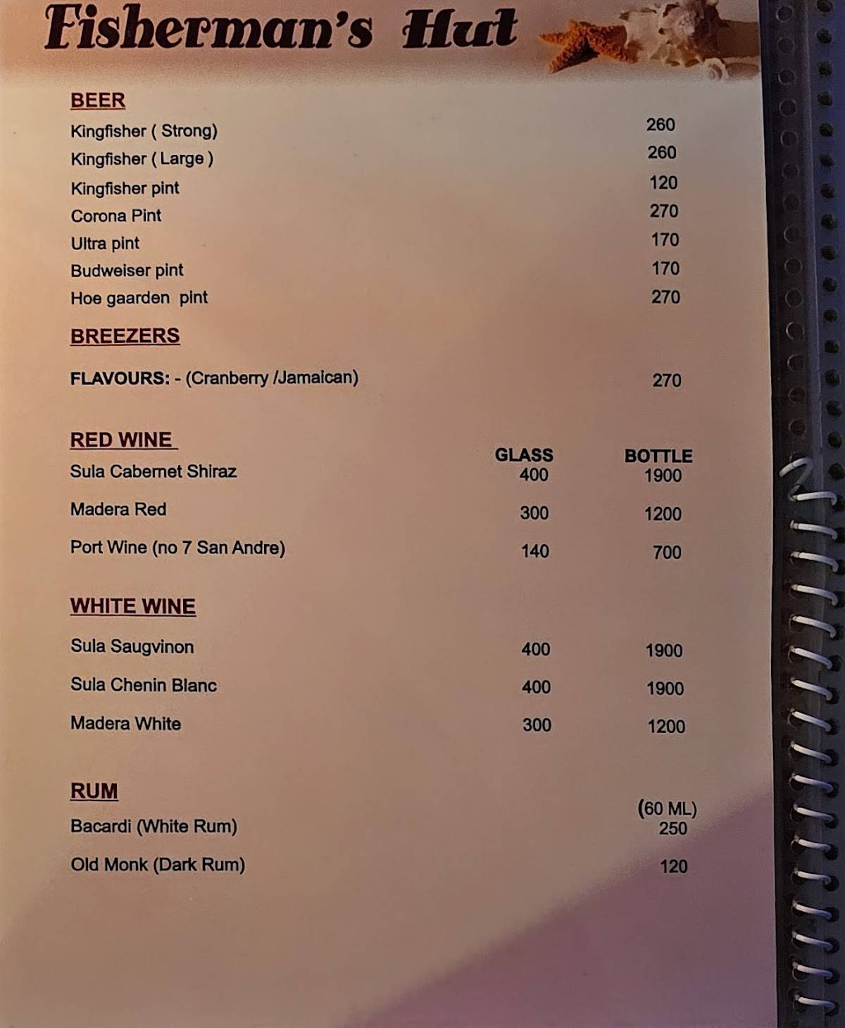 Fisherman's Beach Shack Restaurant Candolim Goa menu