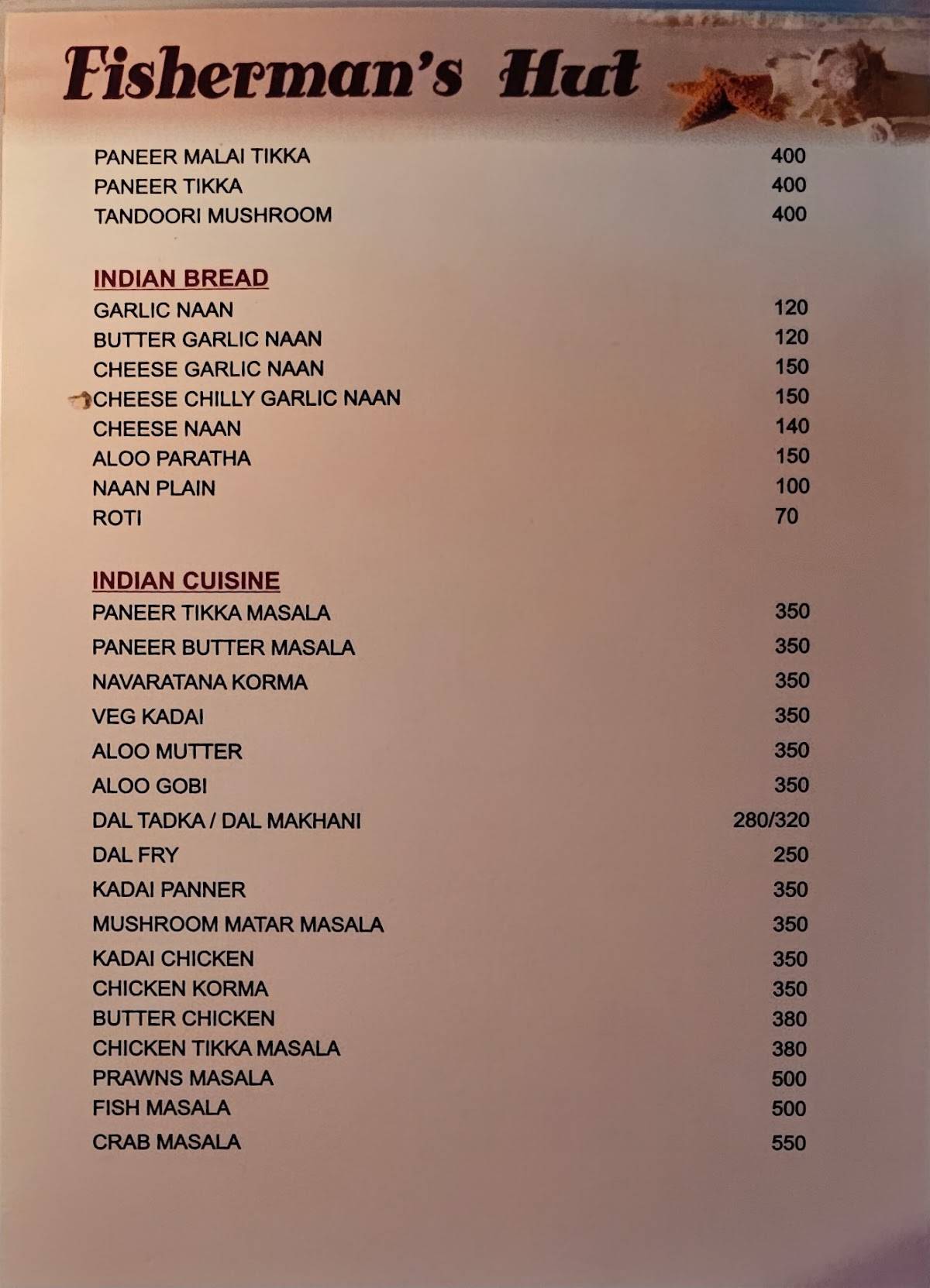 Fisherman's Beach Shack Restaurant Candolim Goa menu