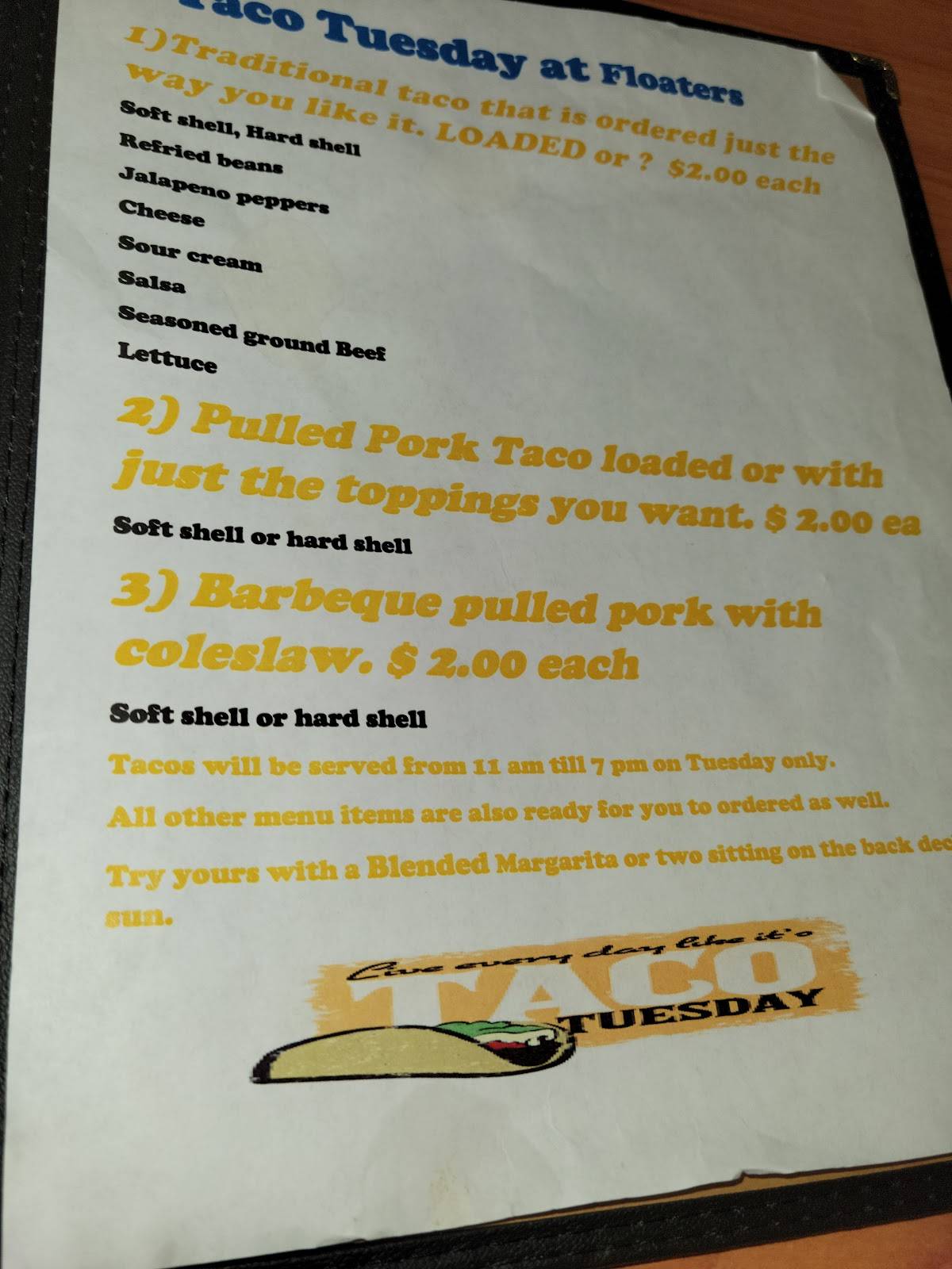 Menu at Floaters Restuarant and Pub, Big Lake, South Big Lake Road