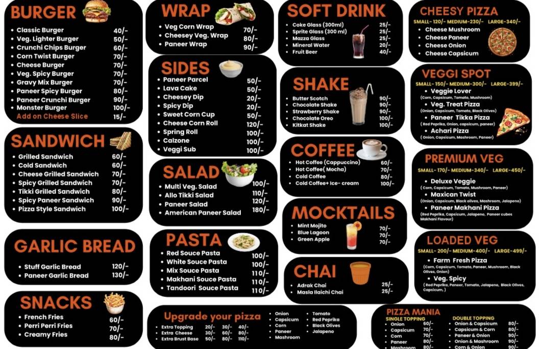 Food Bar - Fast food Shop Burger Sandwich Pasta Pizza Spring Role Mocktail Shake Coffee Garlic Bread menu