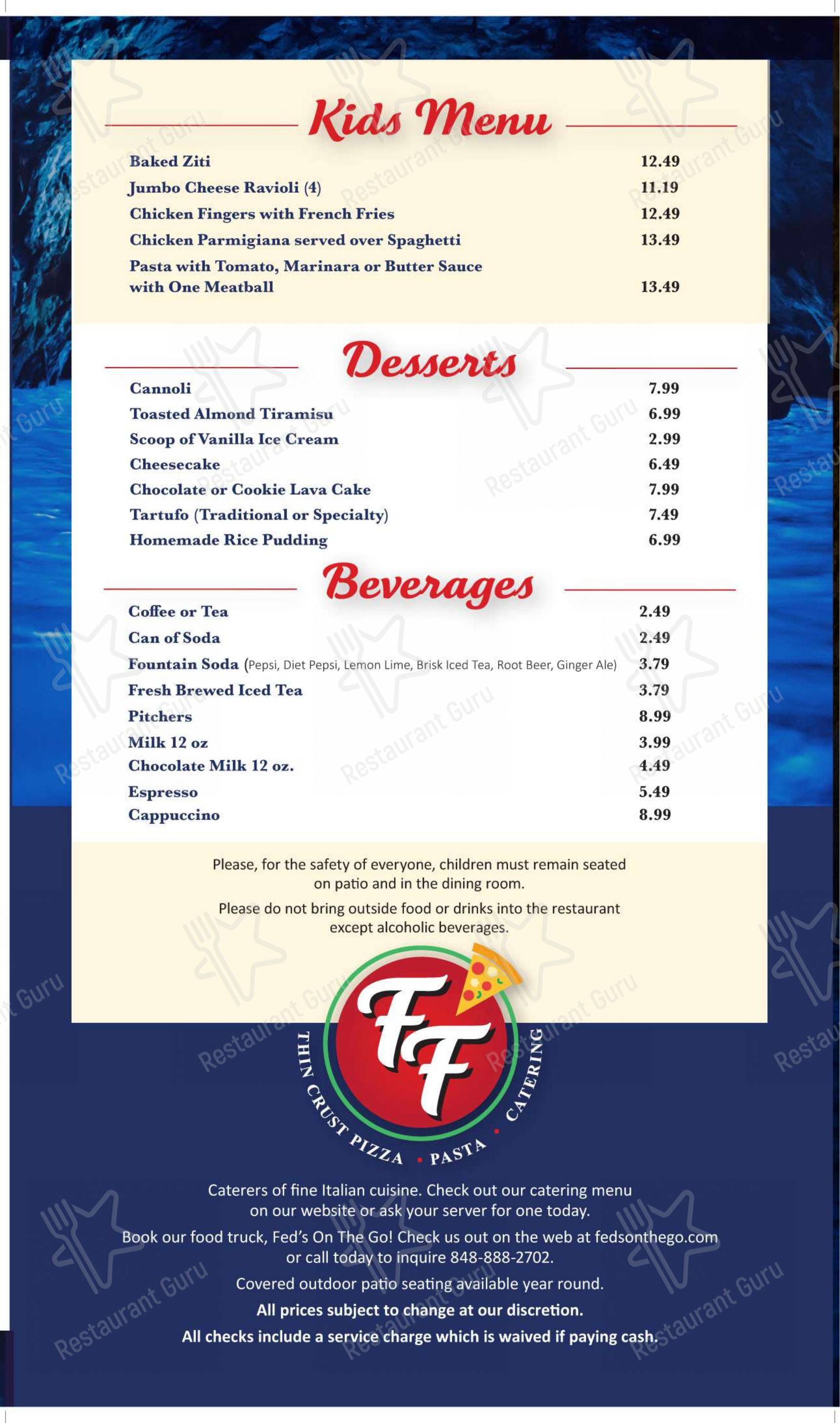 Menu at Frankie Fed's pizzeria, Freehold