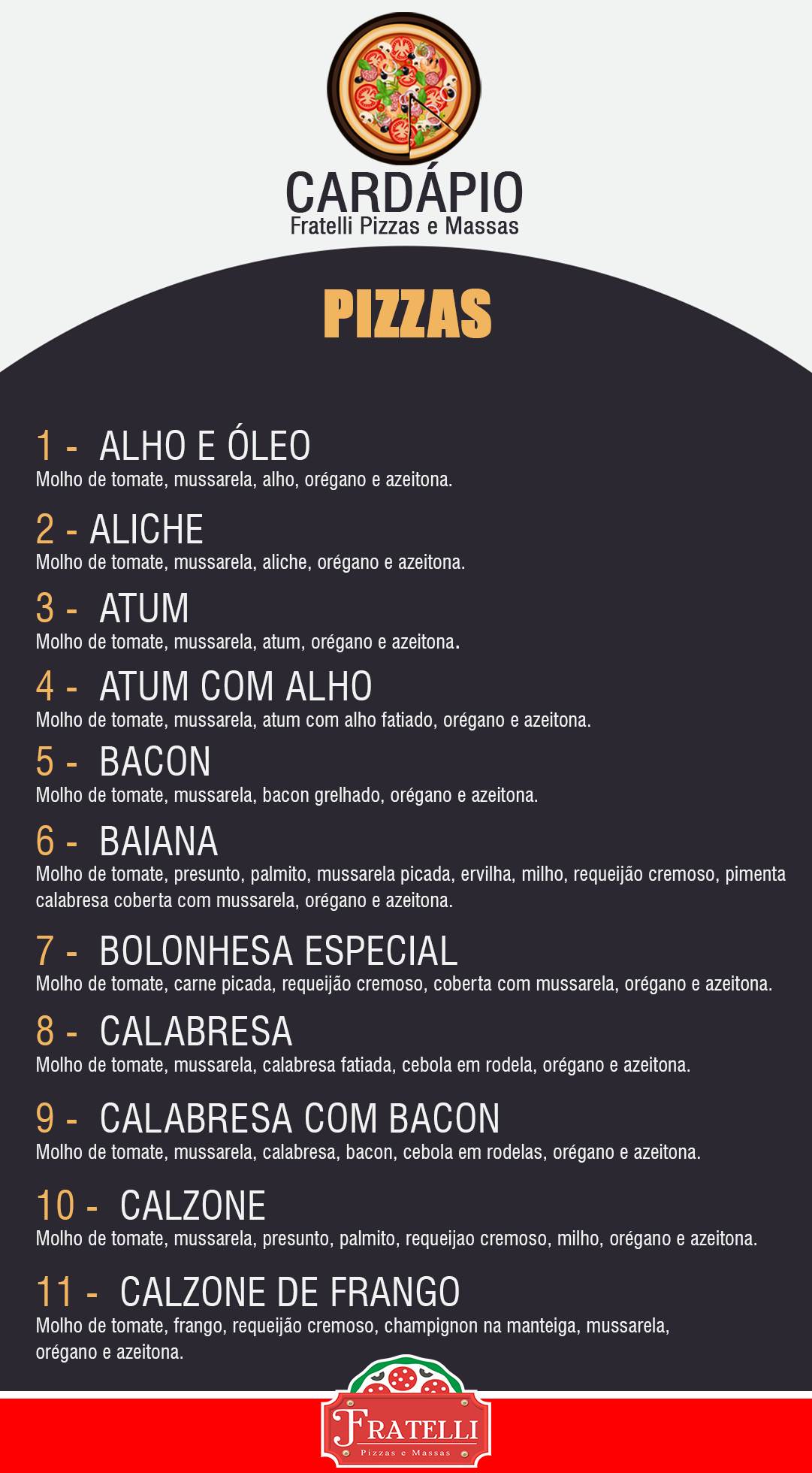 Fratelli Pizzas e Massas cardápio