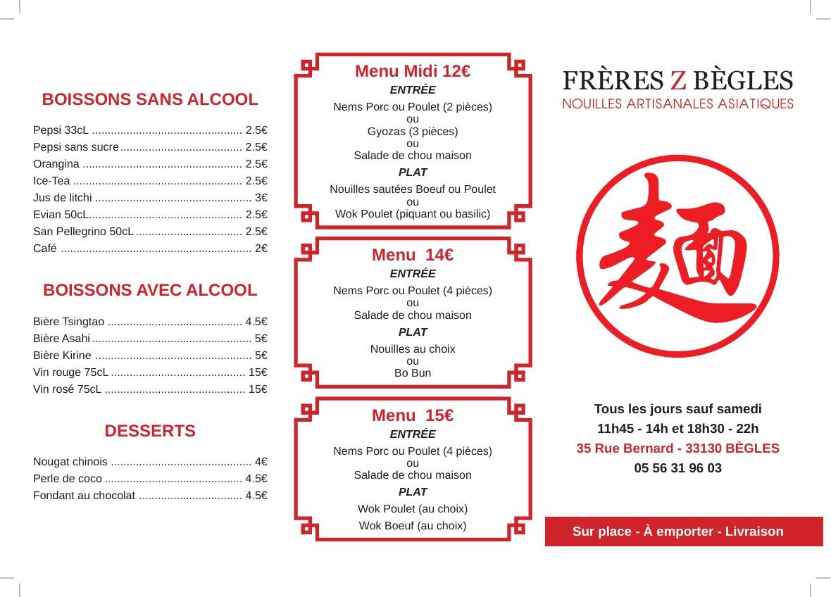 Menu de Frères Z Bègles