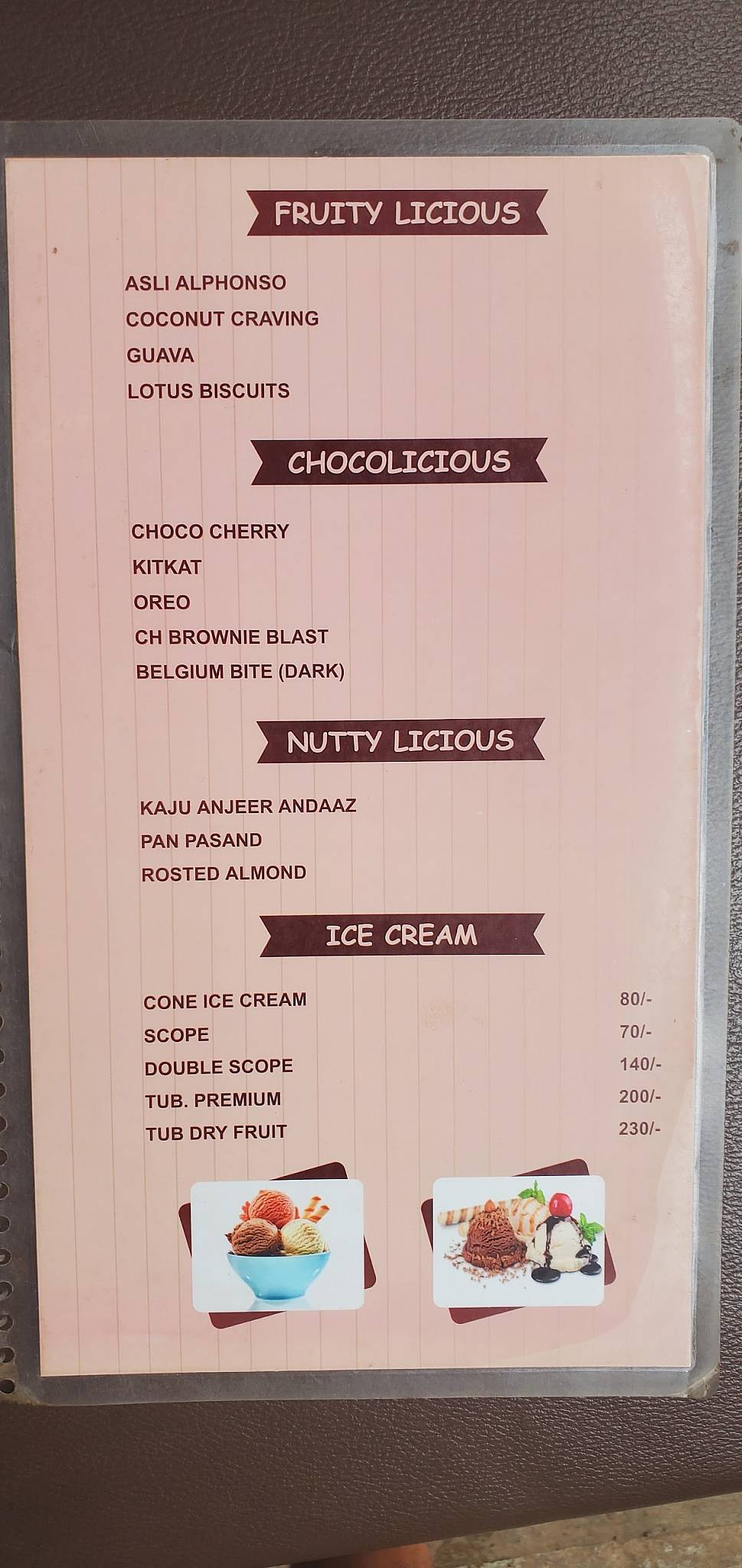 Froozeto menu