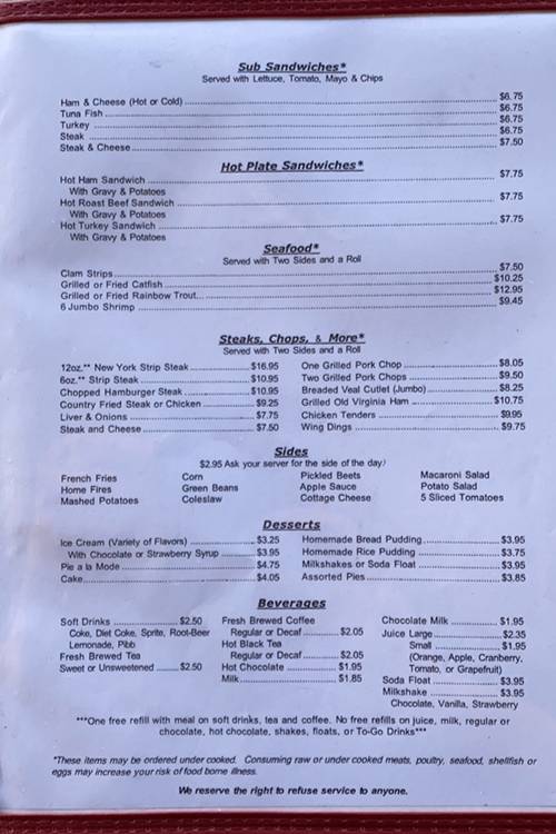 Menu at Frost Cafe, Culpeper