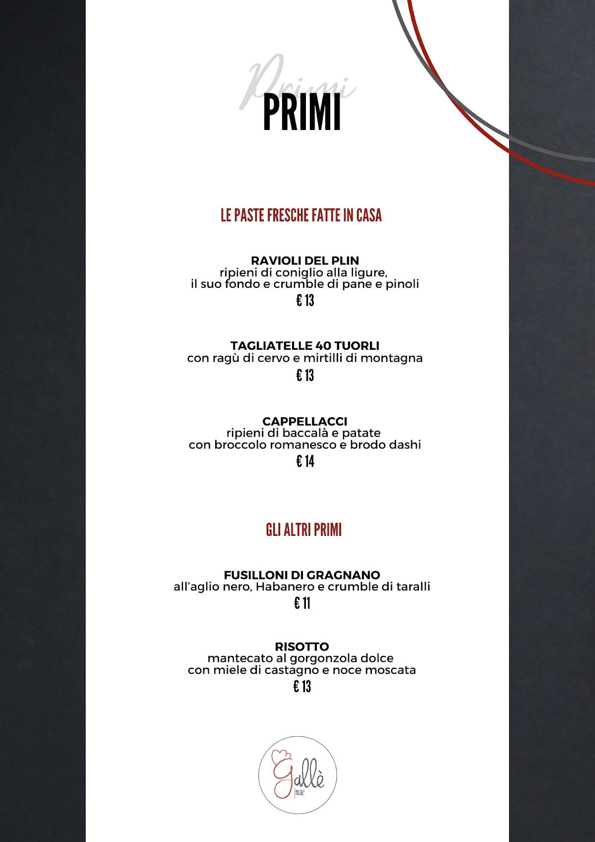 Menu di Gallè | Ristorante Bar Pizza & Grill 