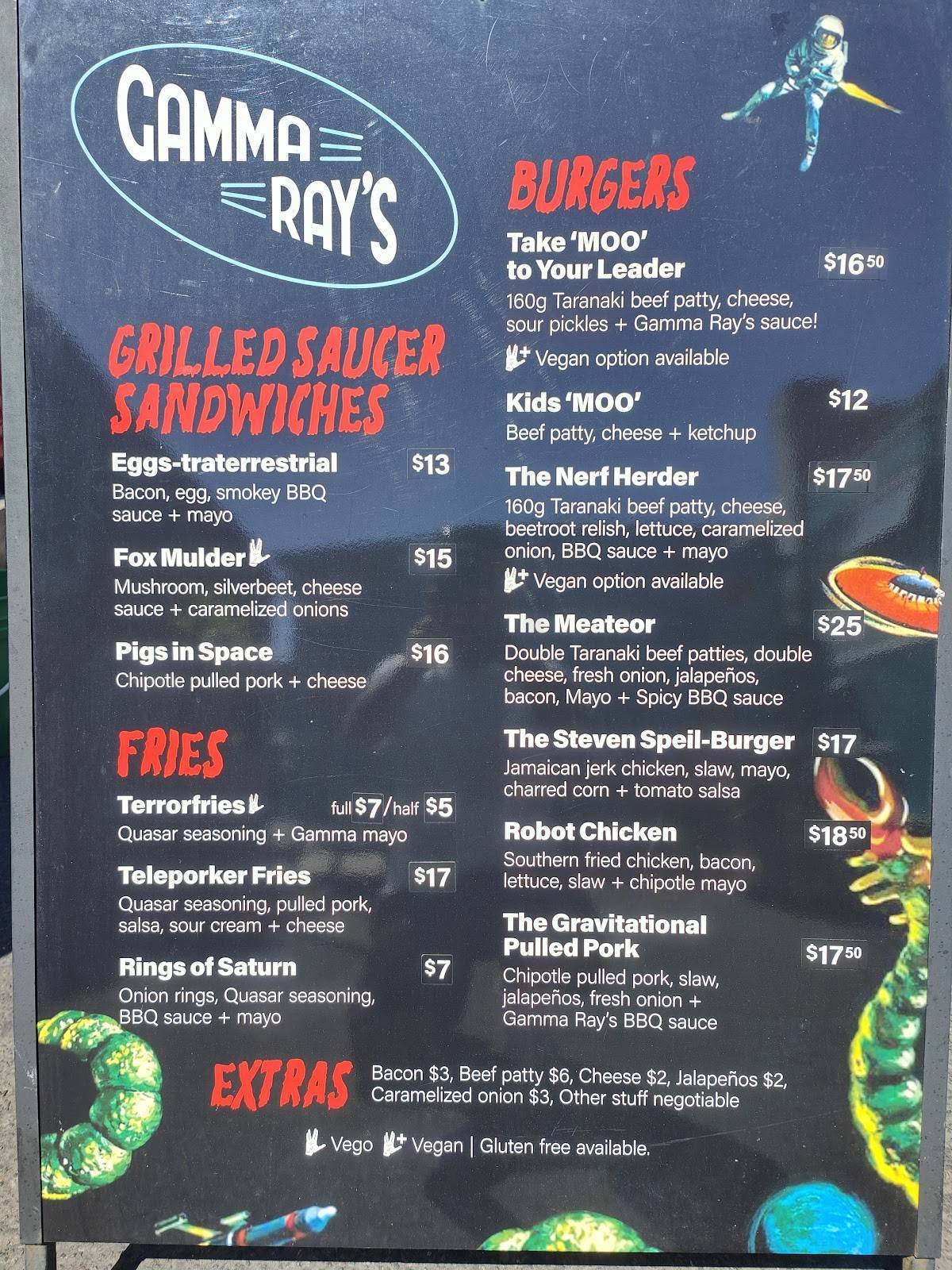 Menu at Gamma Ray's restaurant, New Plymouth