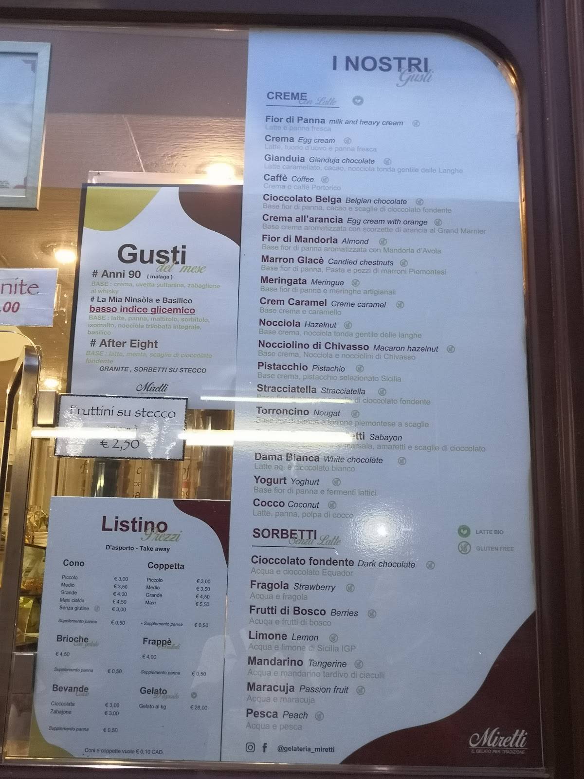 Menu di Gelateria Miretti il gelato per tradizione 