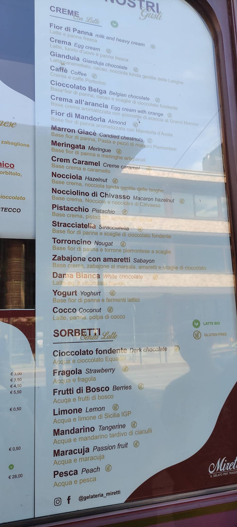 Menu di Gelateria Miretti il gelato per tradizione 