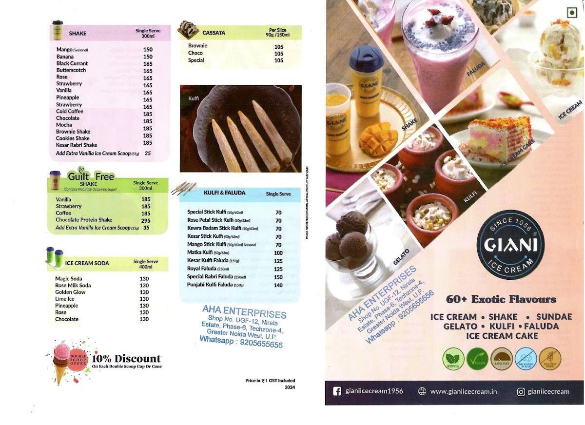 Giani Ice Cream & More menu