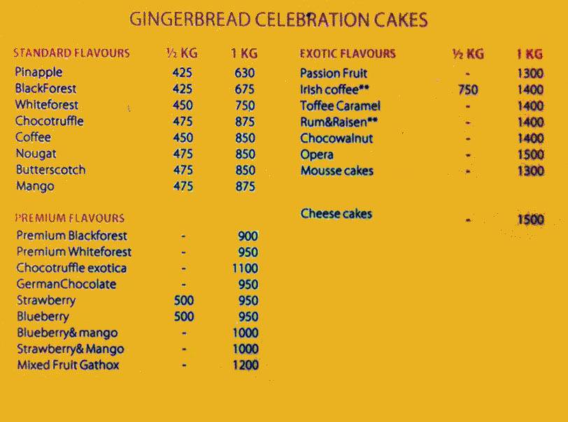 Gingerbread Premium Bakers menu