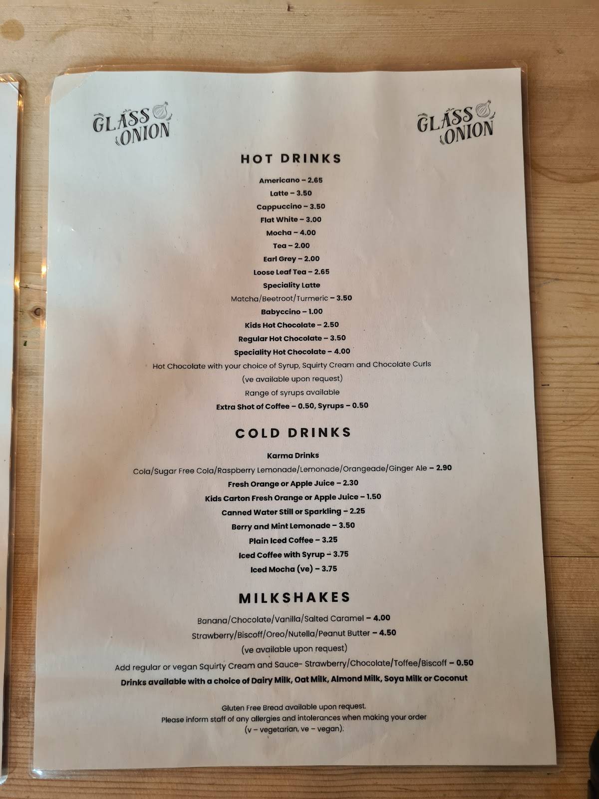 Menu at Glass Onion restaurant, Liverpool, 13 Allerton Rd